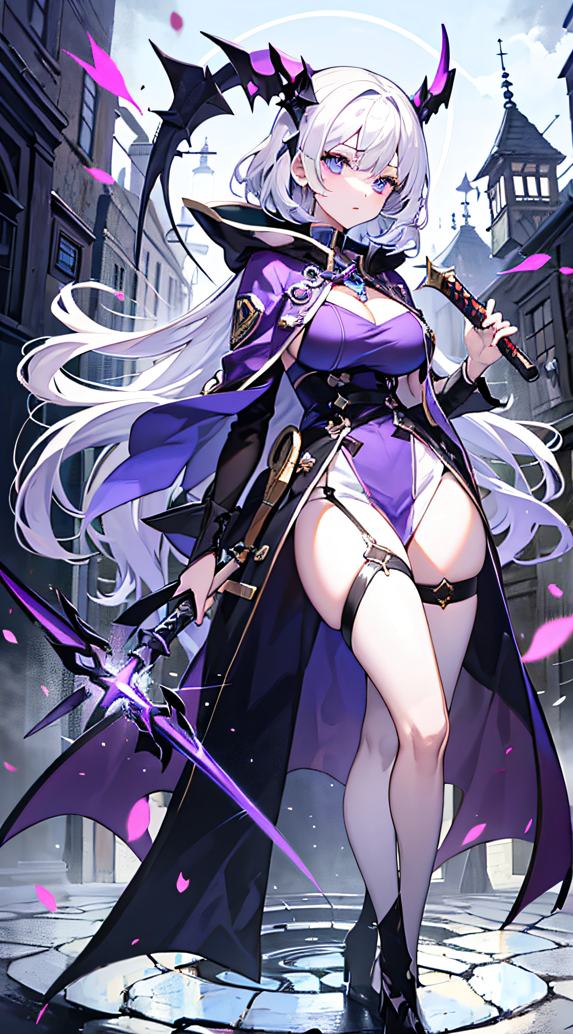 This is a girl with white hair，Dressed in a dark purple assassin costume，The legs are white and thin，Lordosis and Kyphosis，and charming，The cloak is chic and proud，overbearing，The chest is quite large，Frontal view，Walk through dark villages，Quaint and weird，One spell after another floats，Holding a long sword，脚踏六芒星✡阵法