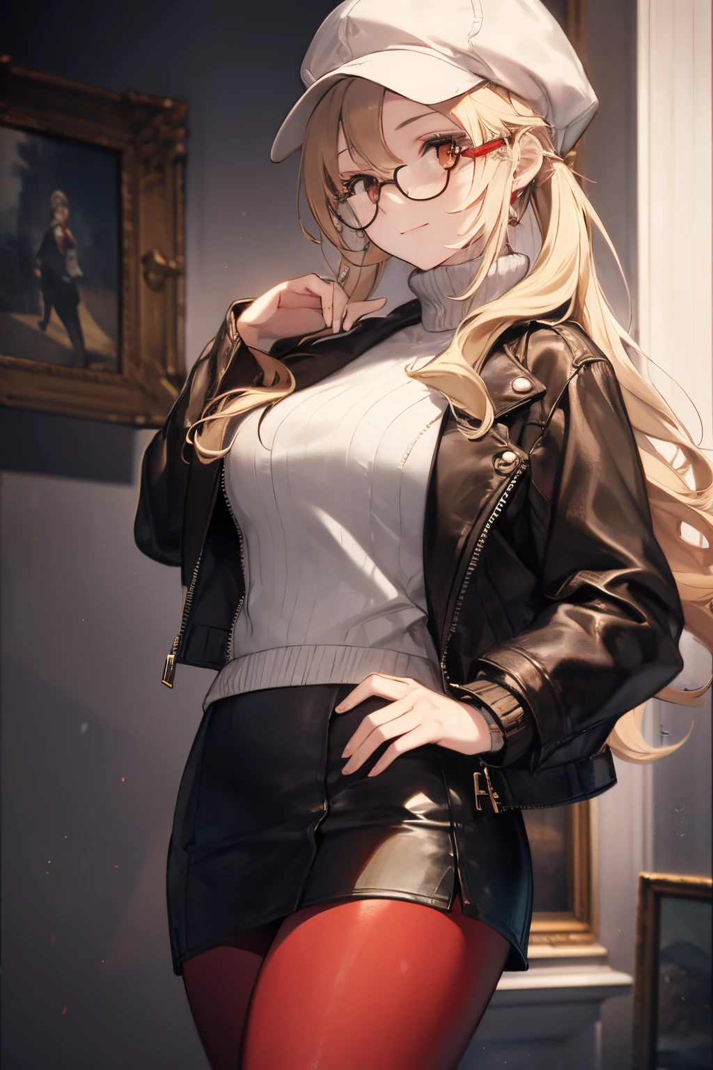 masterpiece, concept art, centered, close up shot, portrait, standing, 1girl, Melania, reverse 1999, glasses, long blonde hair, leather jacket, white sweater, black skirt, red legging, flat cap, museum background