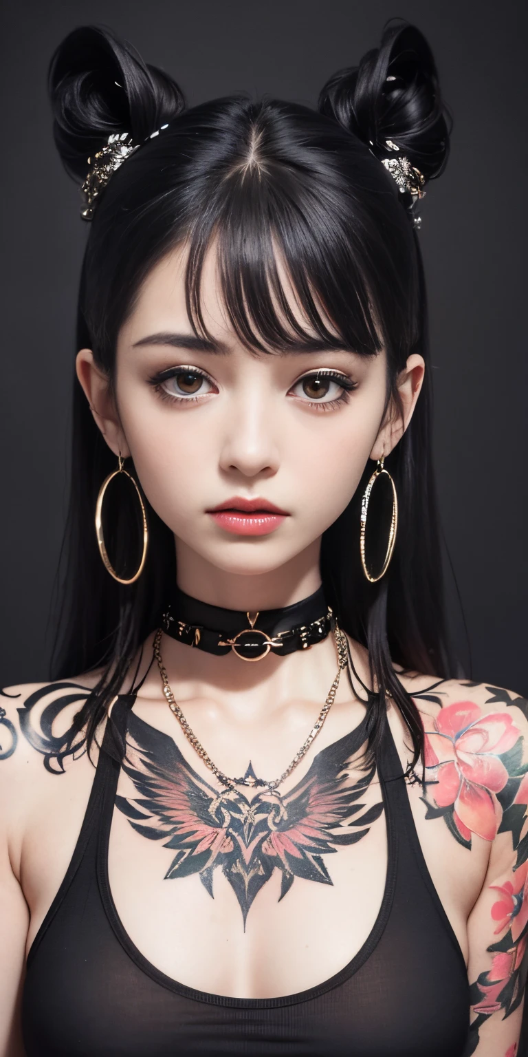 Hair above one eye, Red eyes, Clear Eyes, choker, Open jacket, Against the wall,Tire graffiti, Shineing tattoos, Shine, Neon Light, Black light,Anime Style, movie portrait photography, 1 female, 22 years ago, Whole Body Ezbian,Blue Eyes Background, Big and ample breasts, anger, (Scarlet Hair), Long Hair, Purple eyes, Wearing a short black dress, (Natural skin texture Sharp details, Surreal, (Realistic eyes, Natural skin texture, Realistic facial details), Soft and dramatic lighting, Written boundary depth, Bokeh, Sharp details, Surreal, 35mm movie, Blurred, movie,lipstick, ear piercing, eye shadow, Hoop Earrings, Red pink lips, Multicolored Red eyes, Purple Theme,Wear an iridescent aura,Beautiful Eyes,Standing in front of the red gate、Bold Pose、Strike a Pose,Top ponytail,drooping bangs,sit
