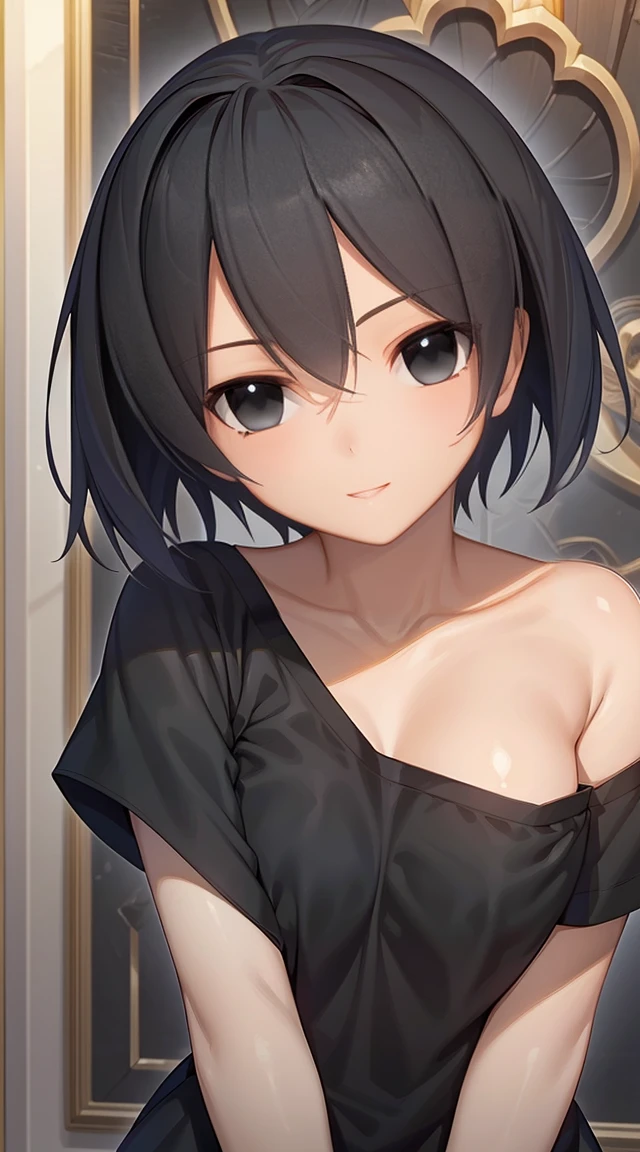 (masterpiece), best quality, expressive eyes, perfect face, kurome , black hair ,short twin ,short hair, black  eyes, medium  breasts, anime art style, official art, blushing, nervous, slightly head tilt, slit look away from the camera, background forest