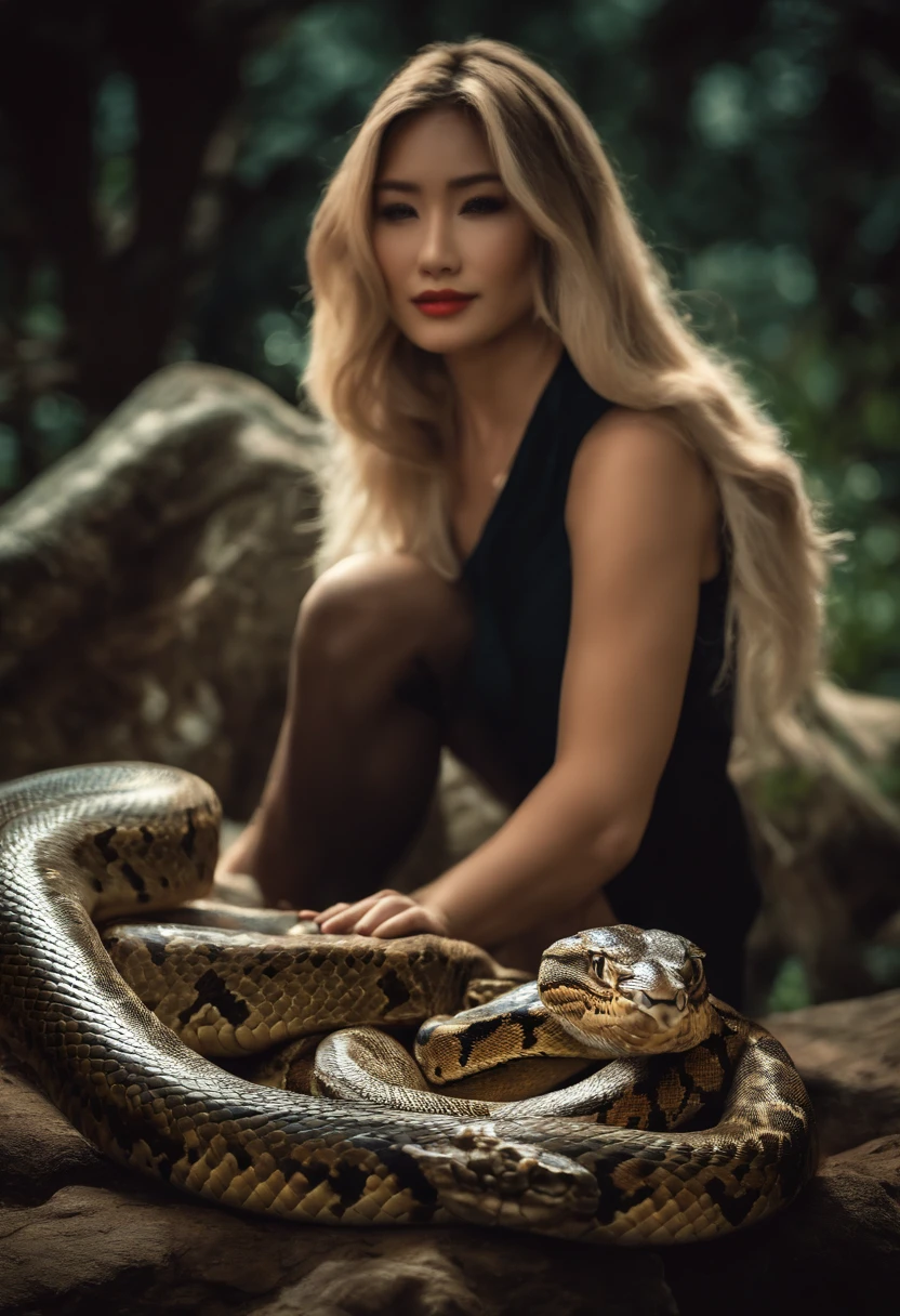 Super quality,Best quality at best,japanese manga,tmasterpiece,cinematic shadow,电影灯光,(film lens language),solo,A sexy woman lies on top of a python,Big python,sexy filter