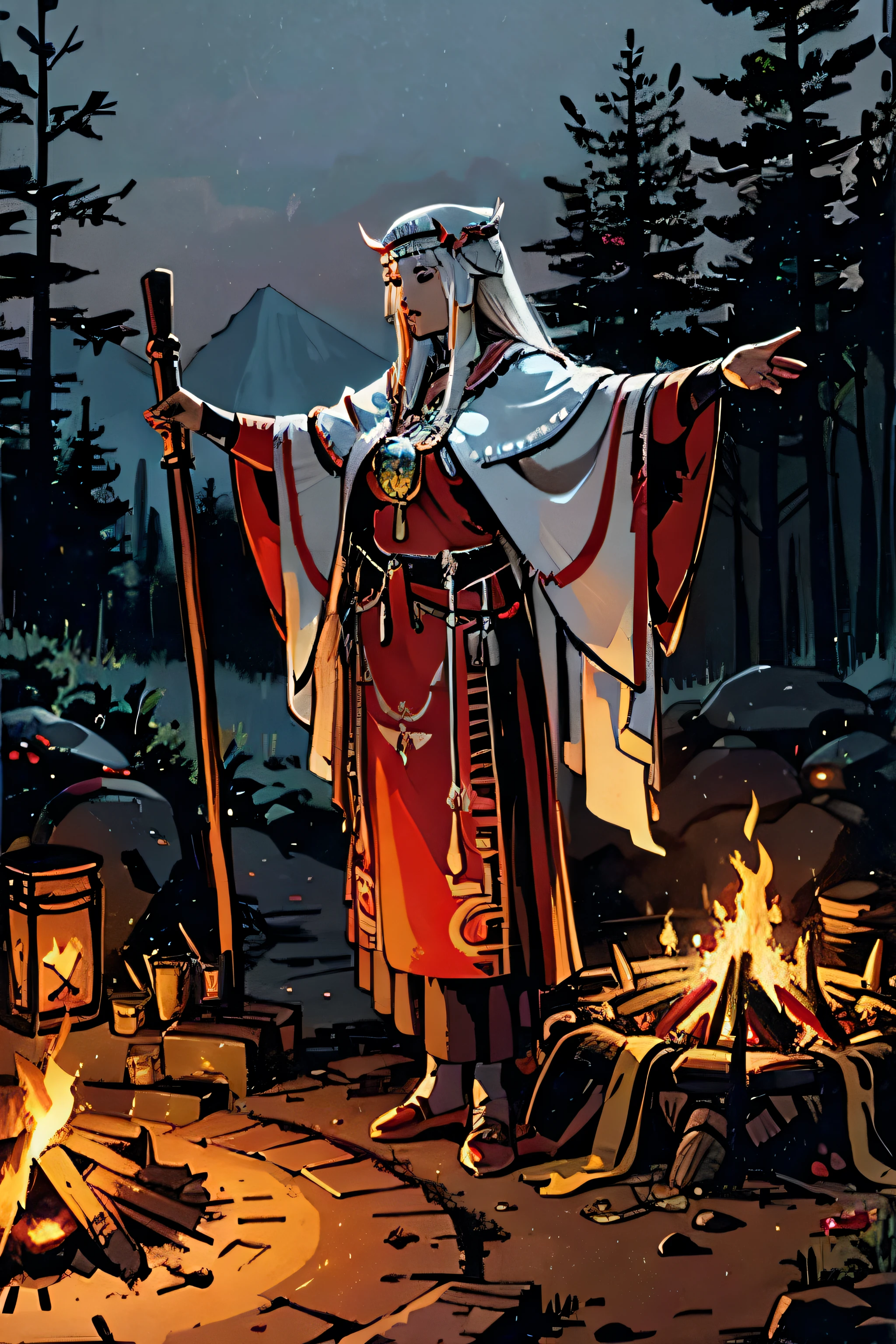 Priestess performs ritual,She's standing,Background around outdoor campfire