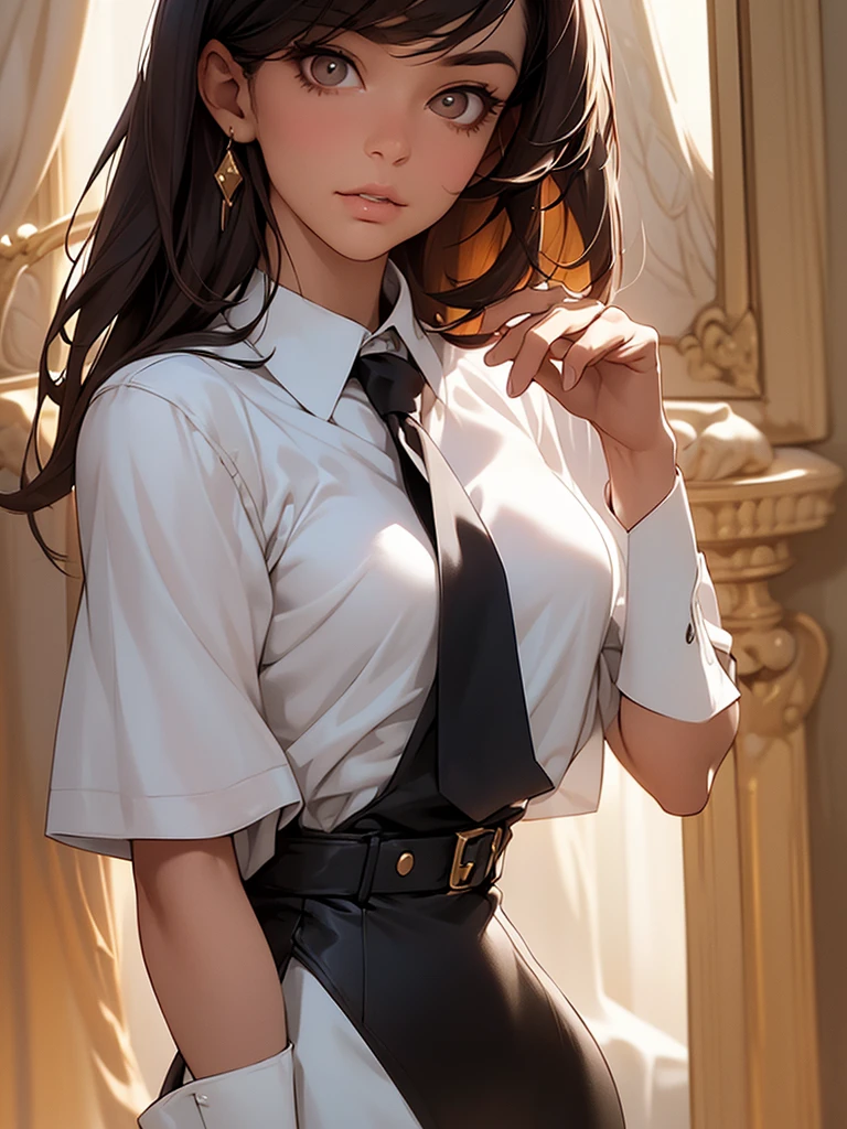 ((masterpiece, best quality)), (1girl), (solo), (female focus), yoru (chainsaw man),(very detailed face, real image, realistic white skin, realistic body, intricate details), upper body, serious , brown eyes, looking at the viewer, bandages over the body, black hair, far sleeve shirt, pinaforee dress, black necktie, bandages, bandages, small breasts