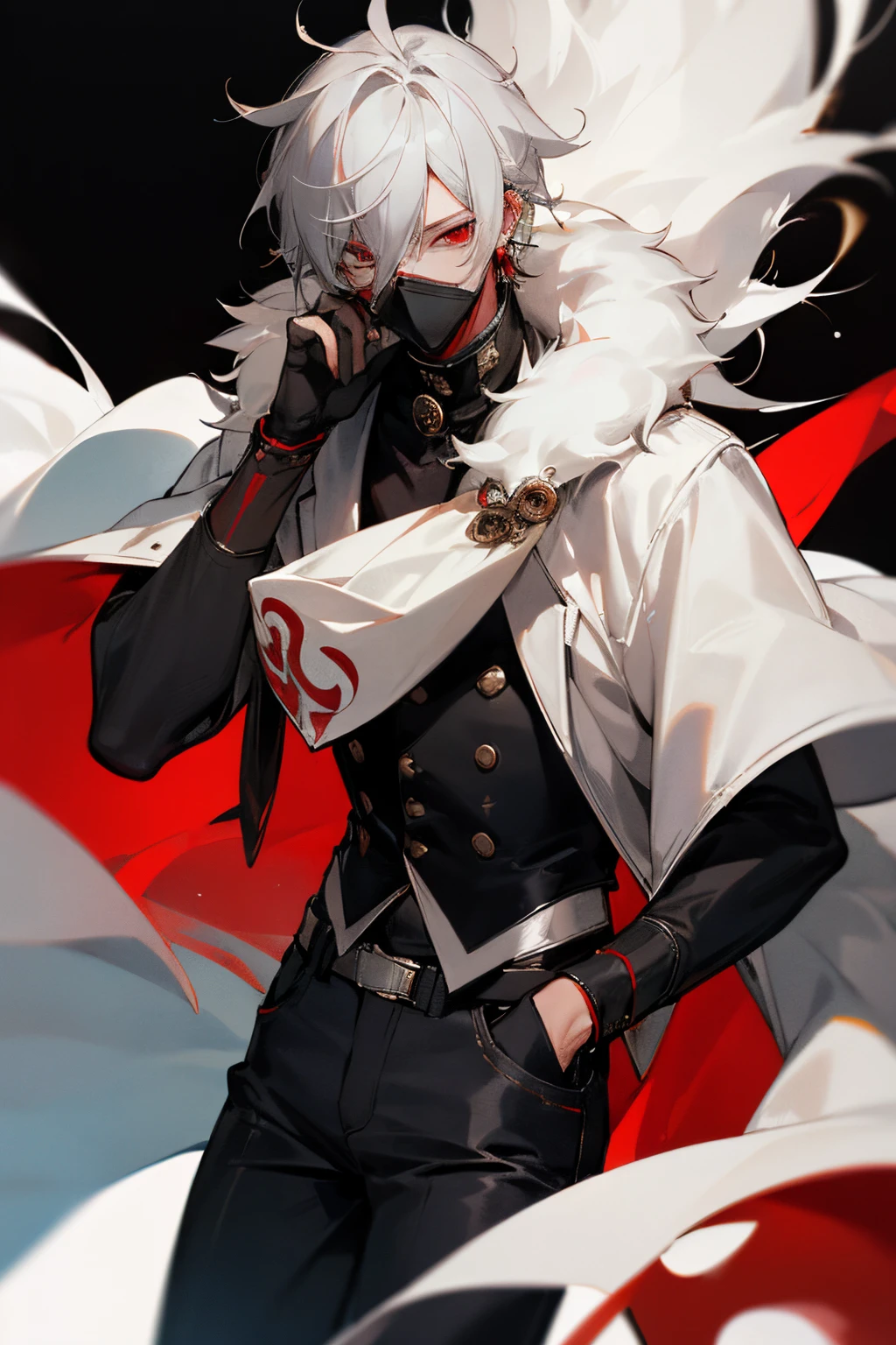 (masterpiece), best quality, Male, young, white fur coat, black jeans, gray hair, red eyes, earring on the right ear in the form of a capsule, masquerade eye mask