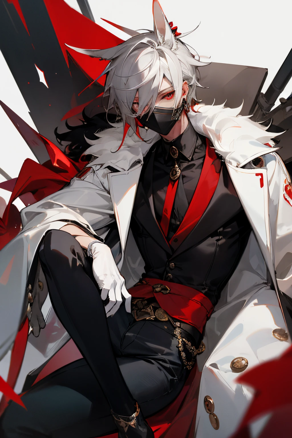 (masterpiece), best quality, Male, young, white fur coat, black jeans, gray hair, red eyes, earring on the right ear in the form of a capsule, masquerade eye mask