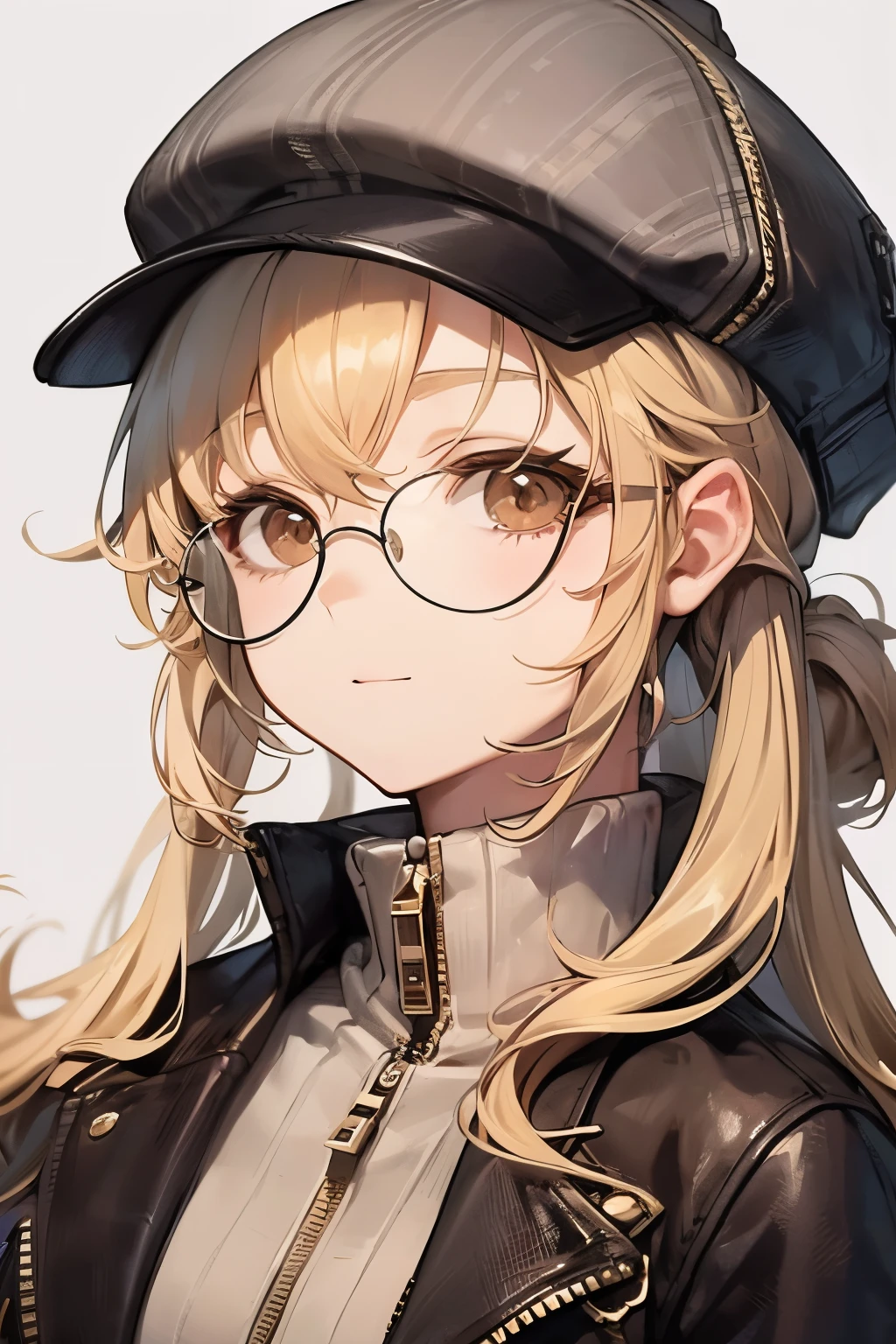 masterpiece, concept art, centered, close up shot, portrait, standing, 1girl, Melania, reverse 1999, glasses, long blonde hair, leather jacket, white sweater with zipper, black skirt, red legging, flat cap, museum background