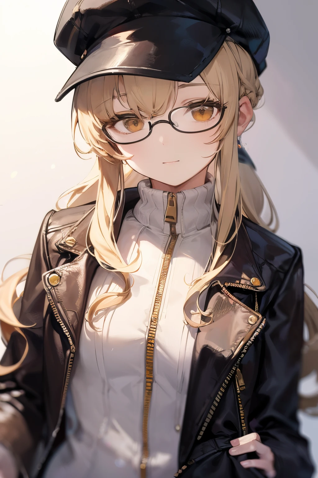 masterpiece, concept art, centered, close up shot, portrait, standing, 1girl, Melania, reverse 1999, glasses, long blonde hair, leather jacket, white sweater with zipper, black skirt, red legging, flat cap, museum background