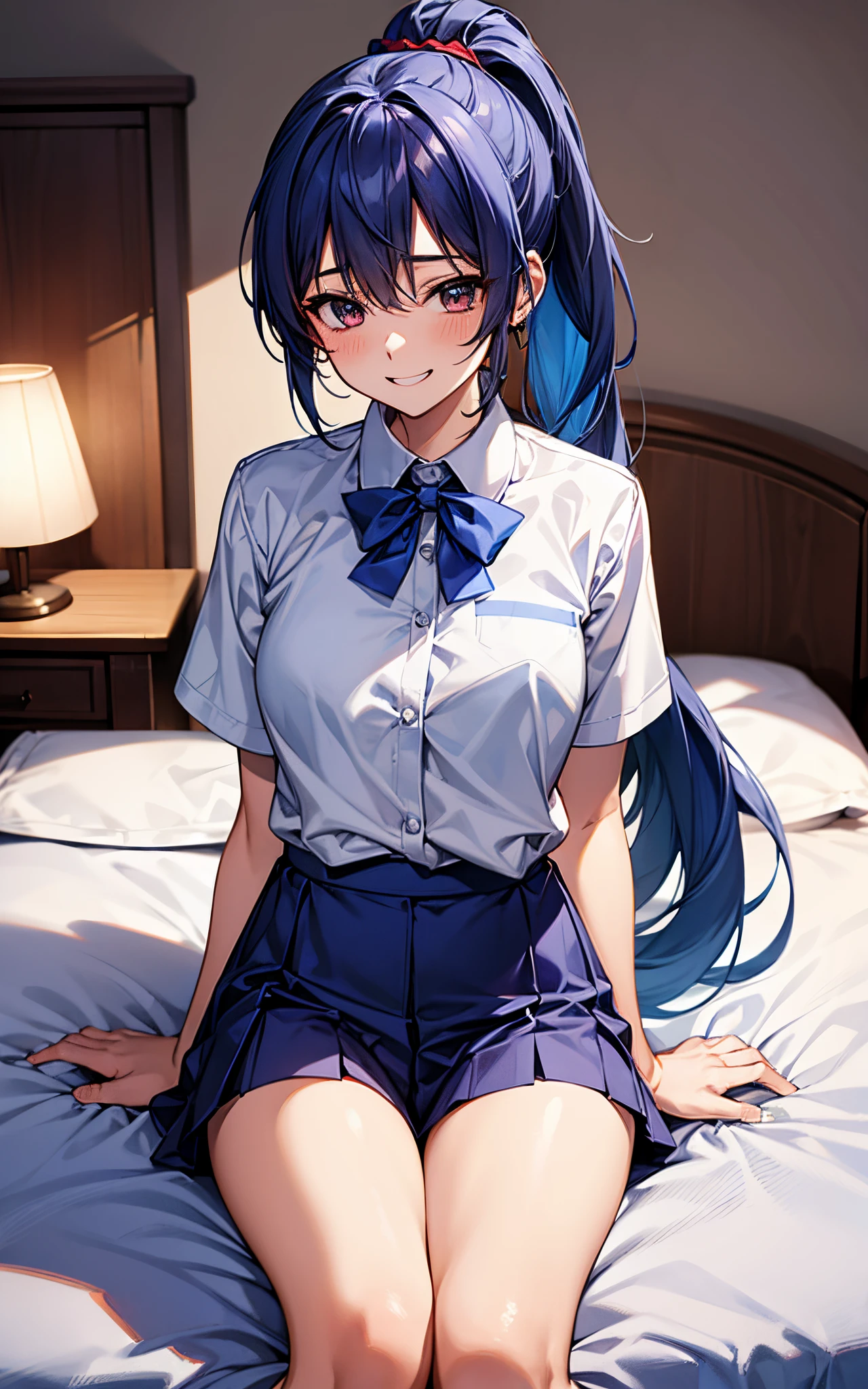Perfect human body、She is wearing an indigo high school uniform.、Blue ponytail、Sitting on the bed、red tide、perspiring、Inappropriate smile、white shirt thighs、Spread your crotch、I see underwear