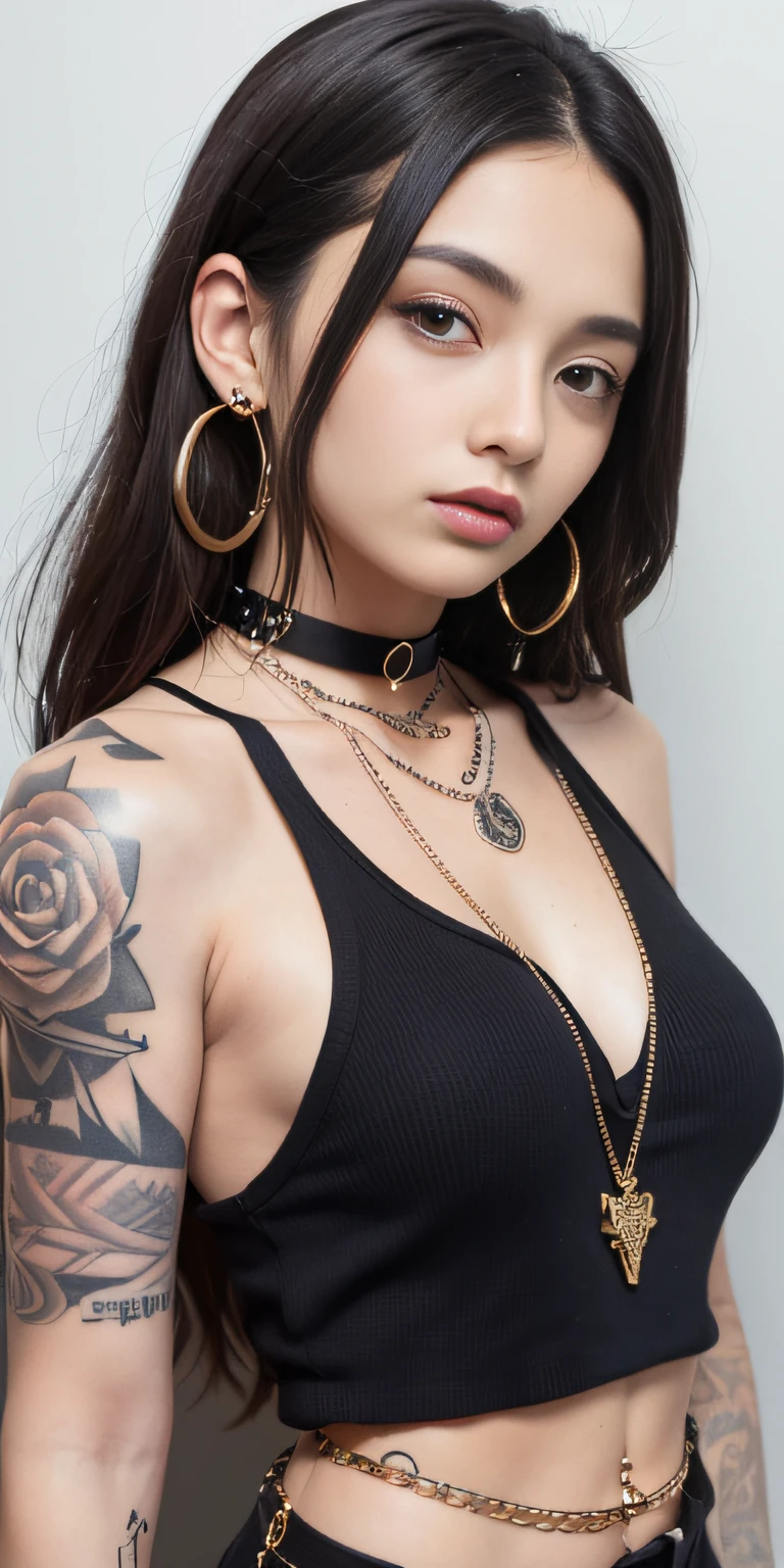 araffe tattooed woman with a black top and a chain around her neck, she is wearing a black tank top, looks like fabiula nascimento, malika favre, wearing intricate black choker, she is wearing streetwear, piercings collar, tattooed, style of flavie audi, neck tattoos, wearing black choker, wearing gold detailed choker