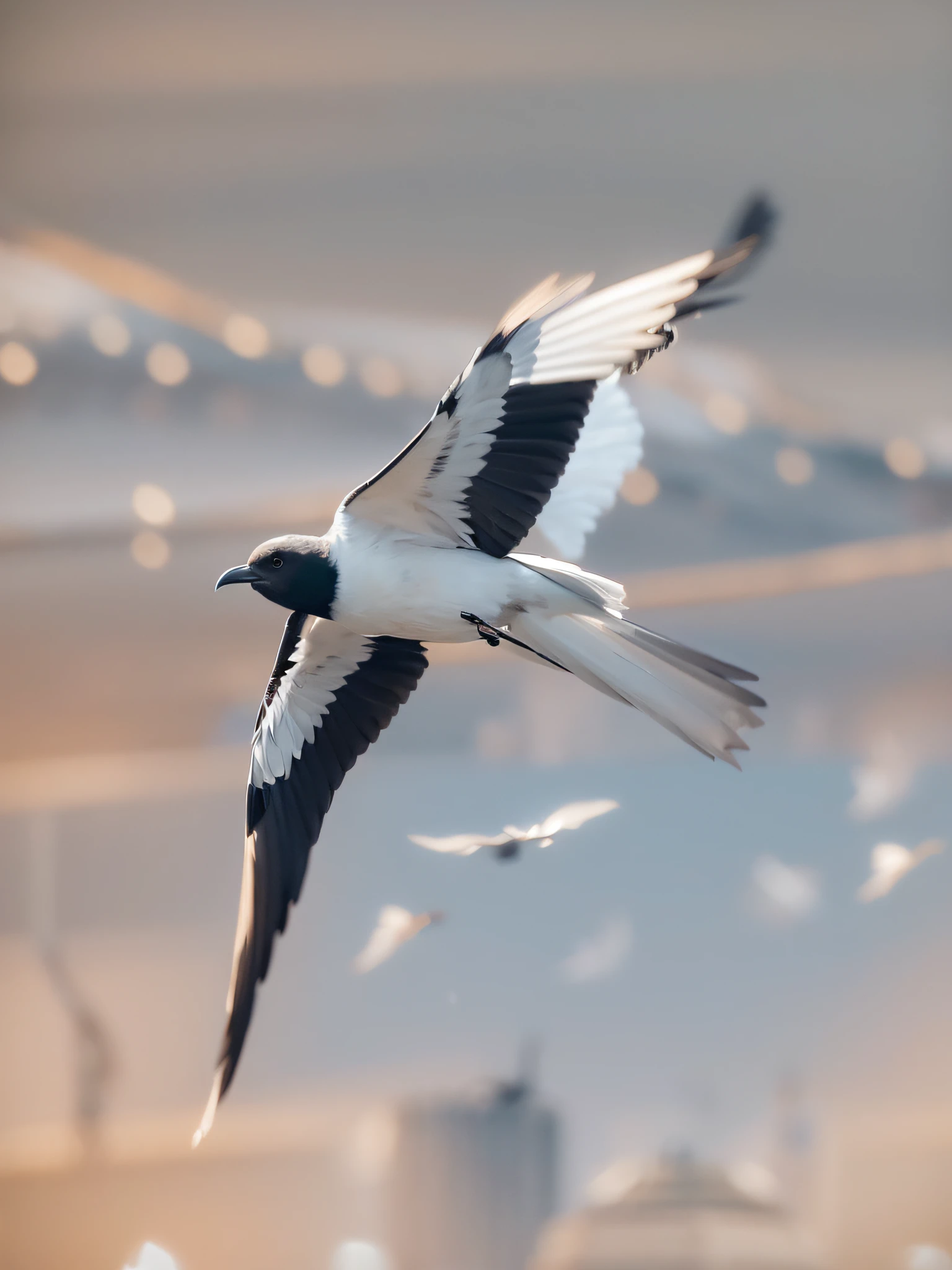 There is a bird flying in the air, In flight, telephoto shot, intense concentration, Suspended in the air, Has big wings, blurred detail, soar, flying towards the camera, Soar into the sky, Canon eos r 6 shot, close up photograph, Photos taken with a Nikon D750, Photos taken with Nikon D750