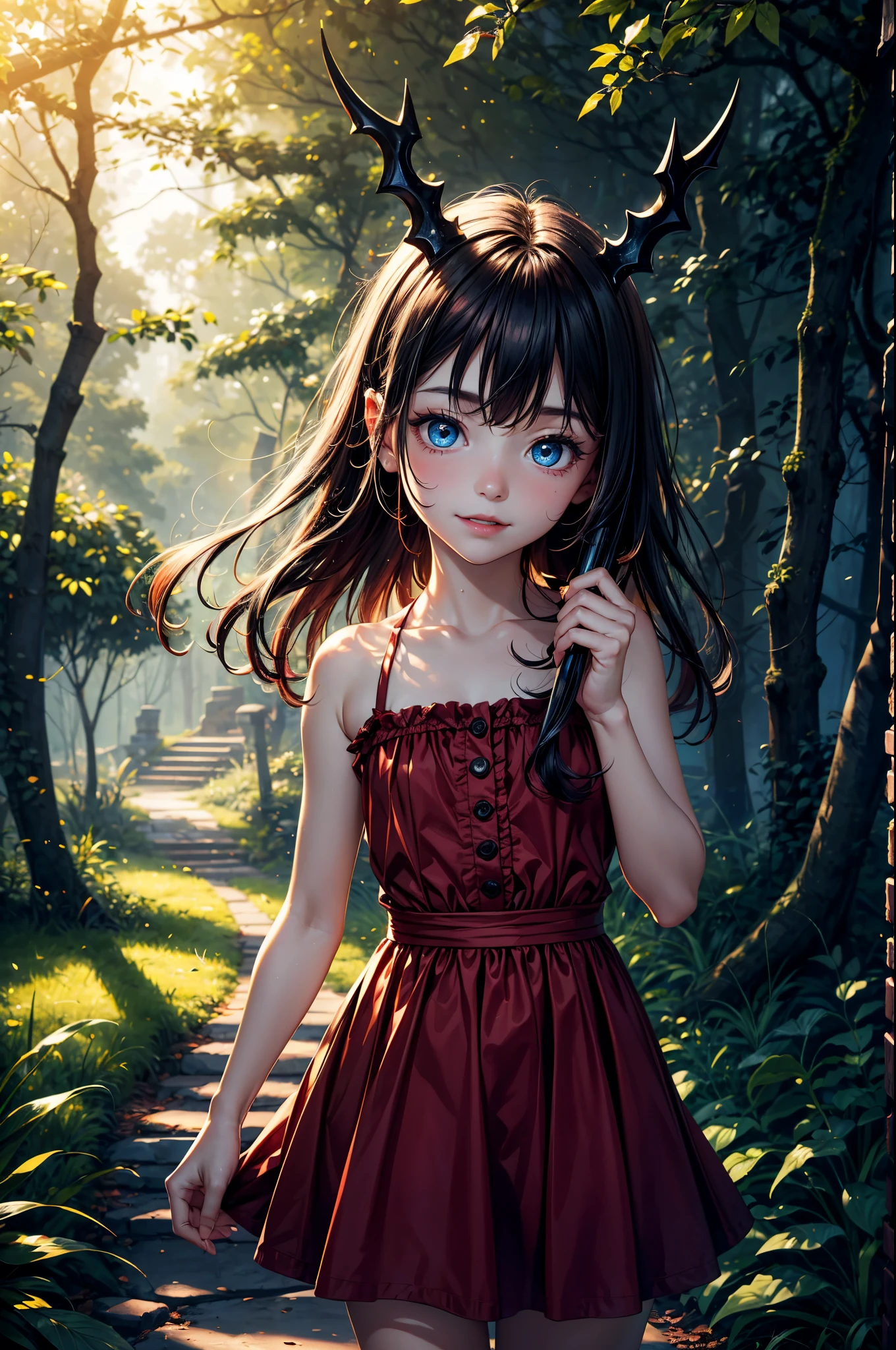 (best quality,4k,8k,highres,masterpiece:1.2),ultra-detailed,Little Devil Girl, age 10,detailed blue eyes,cute mischievous smile,beautiful long red hair,pointed devil horns,playful expression,flowing red dress,holding a small fiery trident,standing in a magical forest surrounded by glowing fireflies,enchanted golden tree with twisting branches in the background,soft warm sunlight filtering through the leaves,creating a magical and mysterious atmosphere
