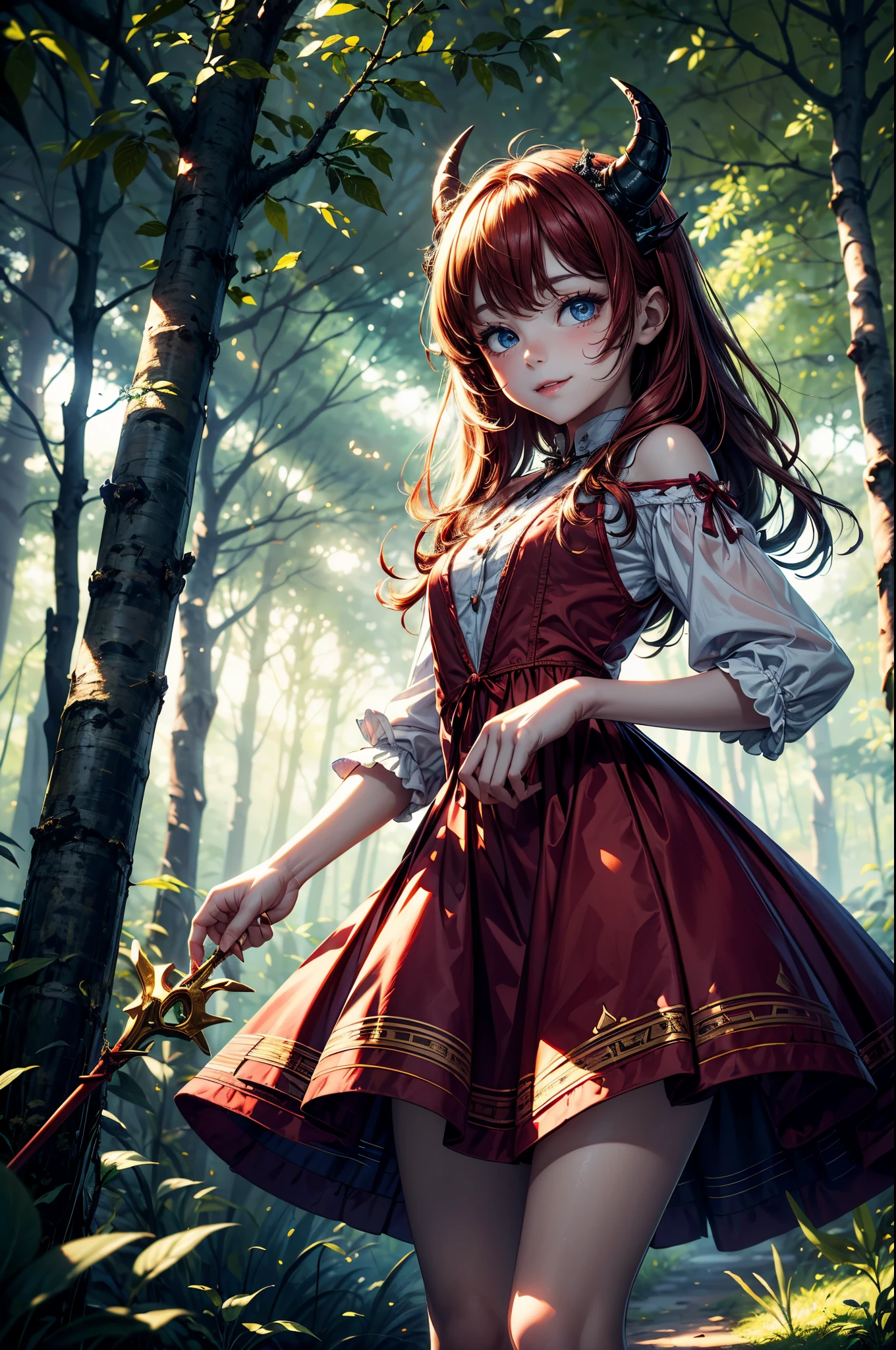 (best quality,4k,8k,highres,masterpiece:1.2),ultra-detailed, Devil Girl, age 10led blue eyes,cute mischievous smile,beautiful long red hair,pointed devil horns,playful expression,flowing red dress,holding a small fiery trident,standing in a magical forest surrounded by glowing fireflies,enchanted golden tree with twisting branches in the background,soft warm sunlight filtering through the leaves,creating a magical and mysterious atmosphere