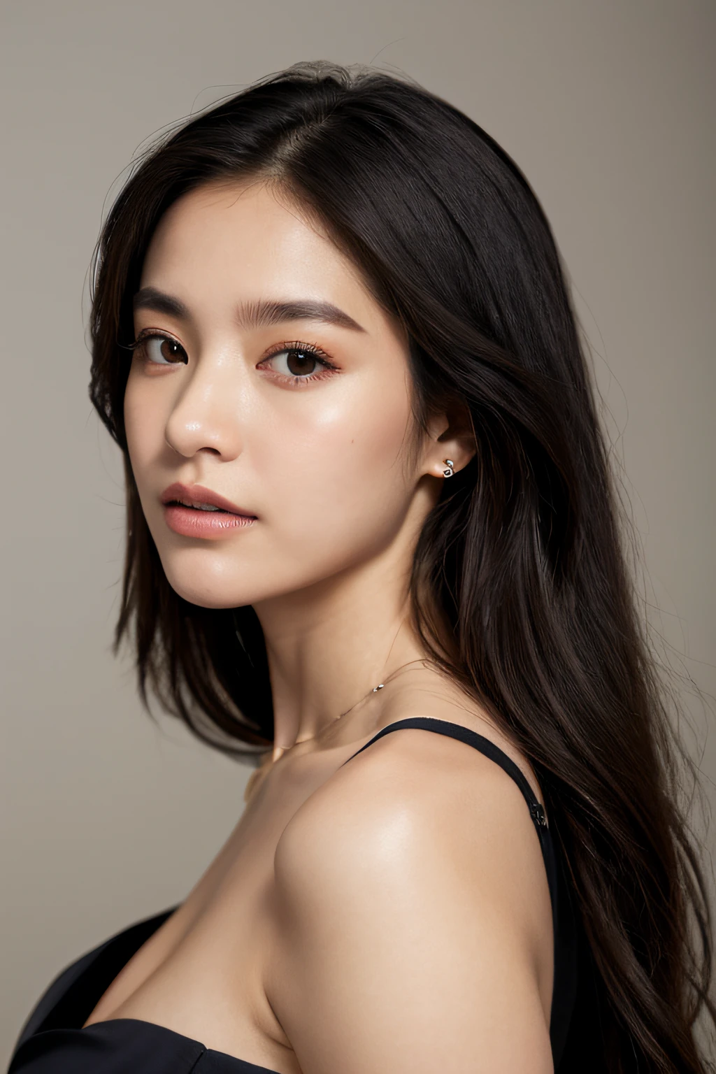 Photo from the front、Blue swimsuit、light eyebrow、piercings、a necklace