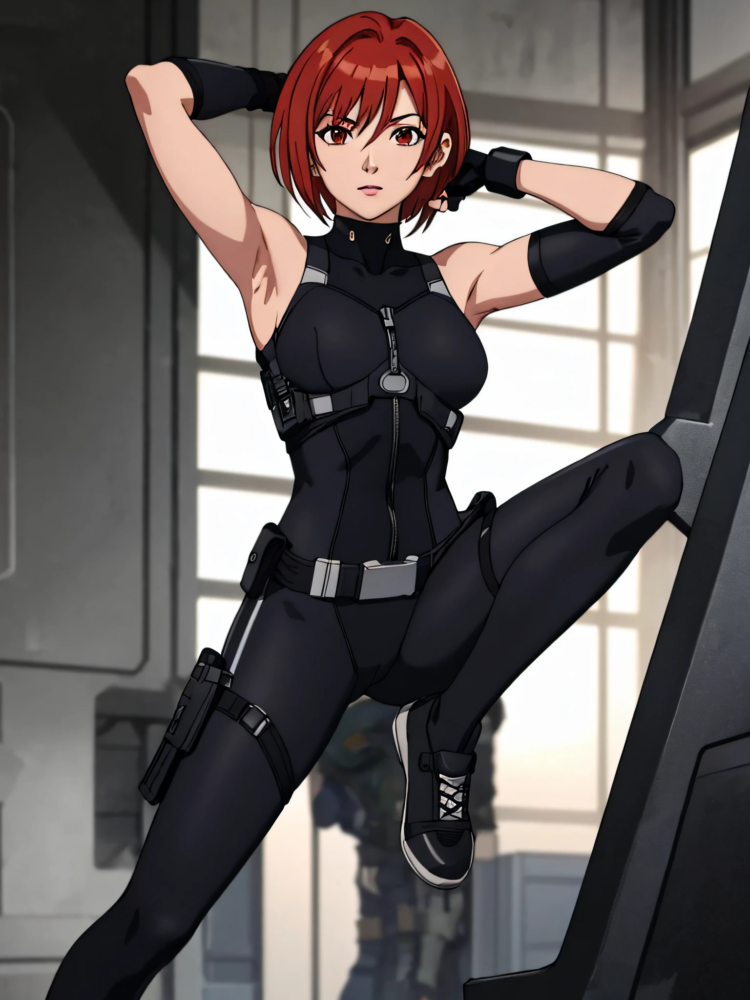 reginaDC, regina, dino crisis, 1girl, female, athletic woman, showing armpits, raised arms, arms up, arms behind head, posing, solo, masterpiece, shaved armpits, perfect proportions, black bodysuit, gray fabric layer under bodysuit, young, bare shoulders, tactical fingerless gloves, mp5