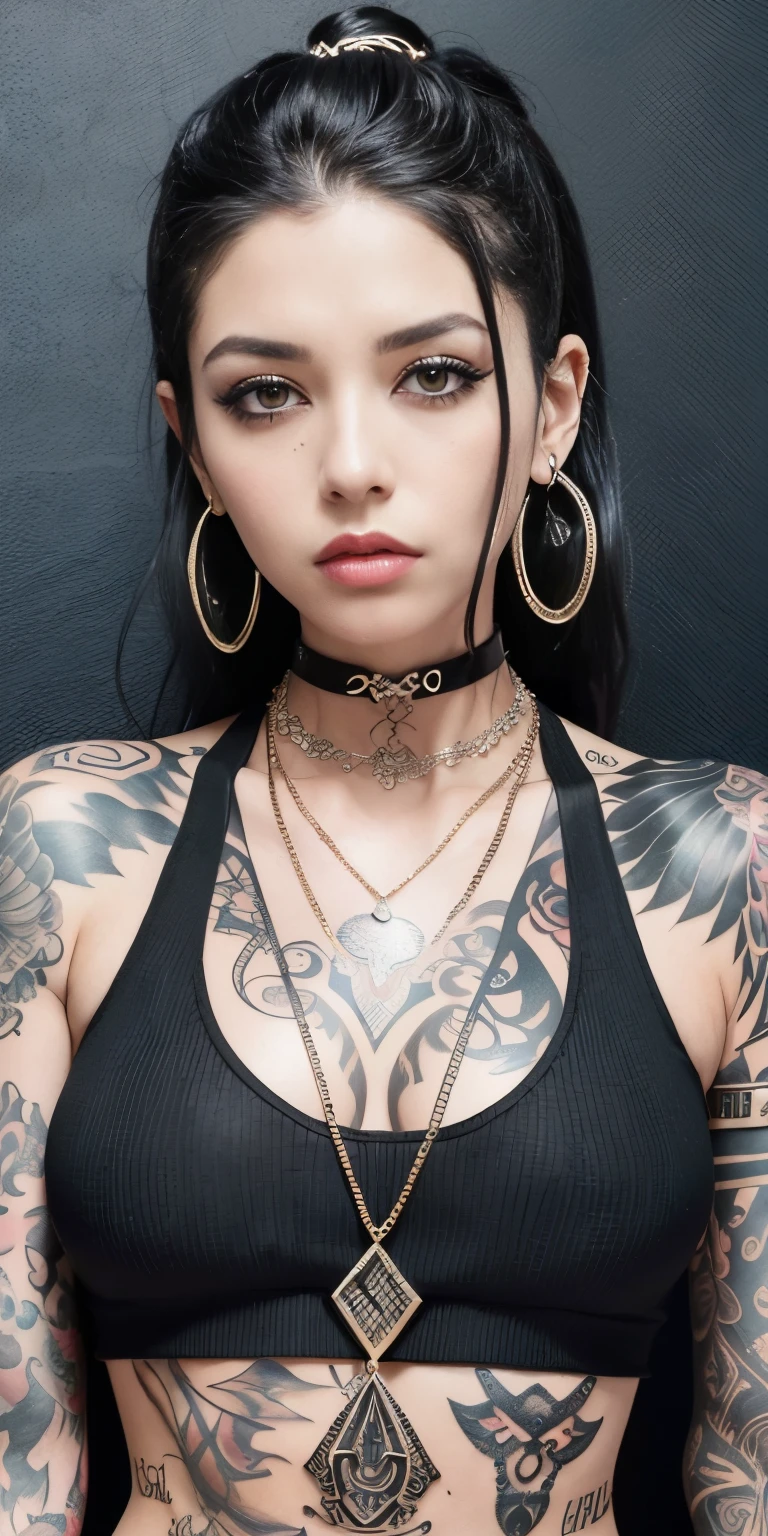 araffe tattooed woman with a black top and a chain around her neck, she is wearing a black tank top, looks like fabiula nascimento, malika favre, wearing intricate black choker, she is wearing streetwear, piercings collar, tattooed, style of flavie audi, neck tattoos, wearing black choker, wearing gold detailed choker
