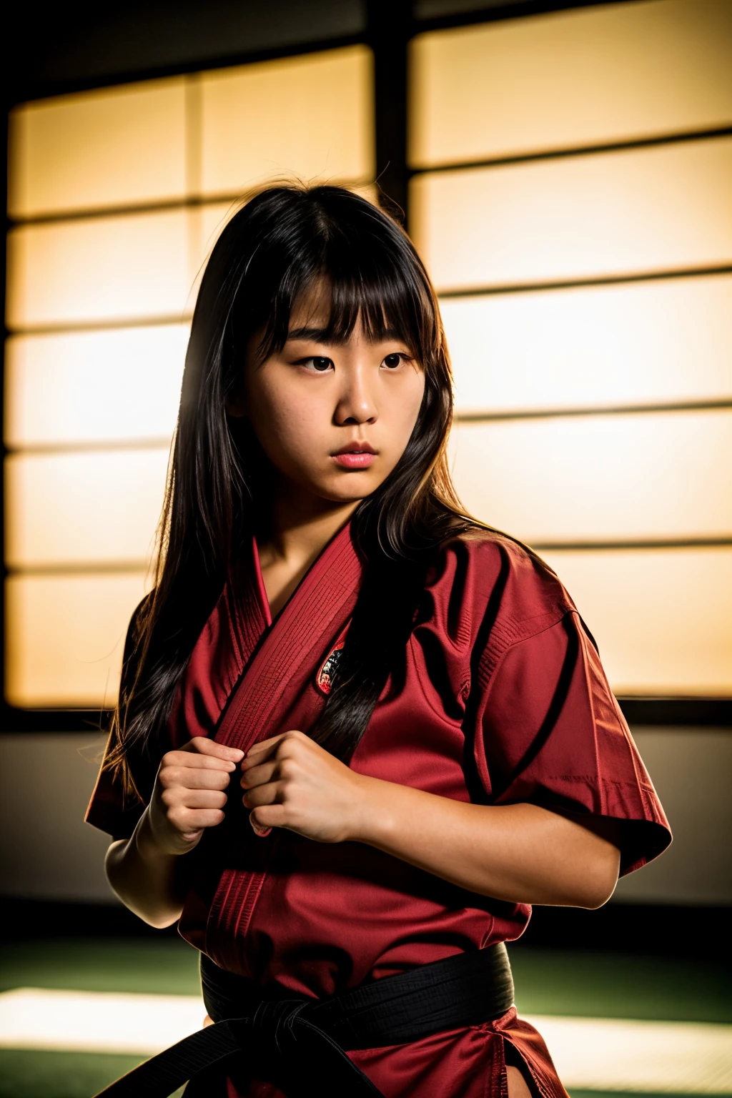 Instagram photo, close up photo of beautiful 14 y.o japanese woman, serious face, wearing black & red karate gi, hard shadows, cinematic shot, dramatic lighting, martial arts arena