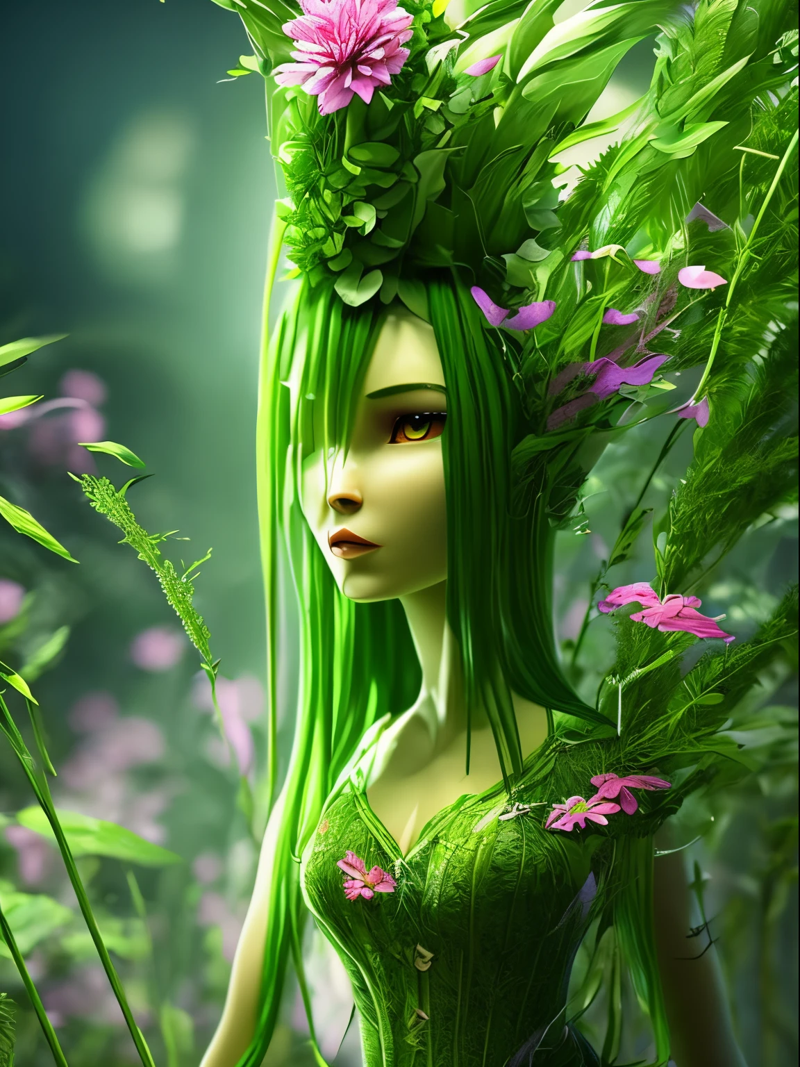 Anthropomorphic (anthropoid) a female plant came out of a flower pot in a room, anthropomorphic plant girl, beautiful green face made of stems, thin green hair-threads are disheveled and on these threads there are predatory flowers, Fantastic, Unreal, Fictional character, Cinematic Photo