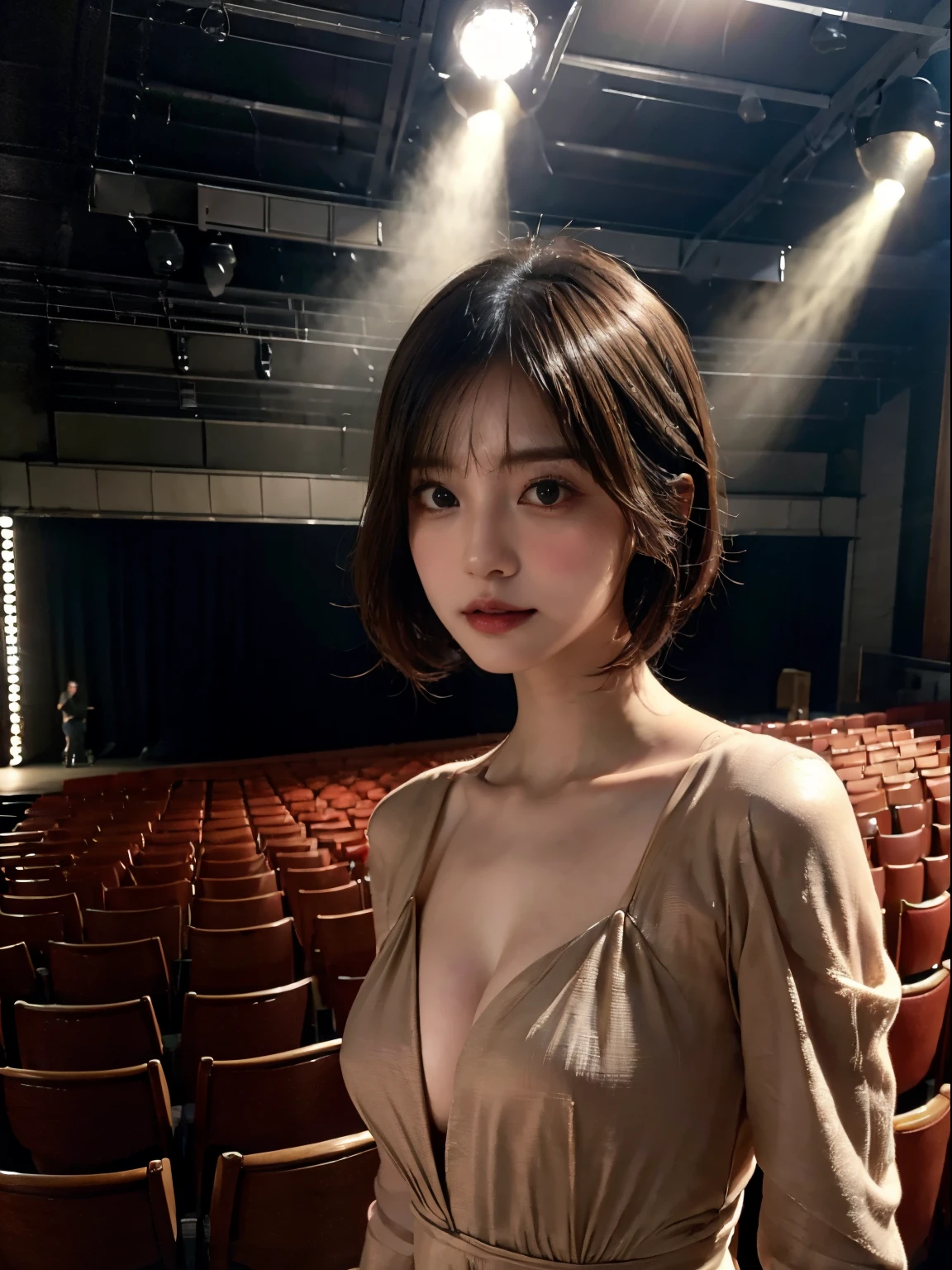 Spotlights on stage、actress in a luxurious dress、top-quality、hyper HD、奈良美智, Japanese Models, Beautiful Japanese wife with short hair, 27-year-old female model, 4 k ], 4K], 27yo, sakimichan, sakimichan