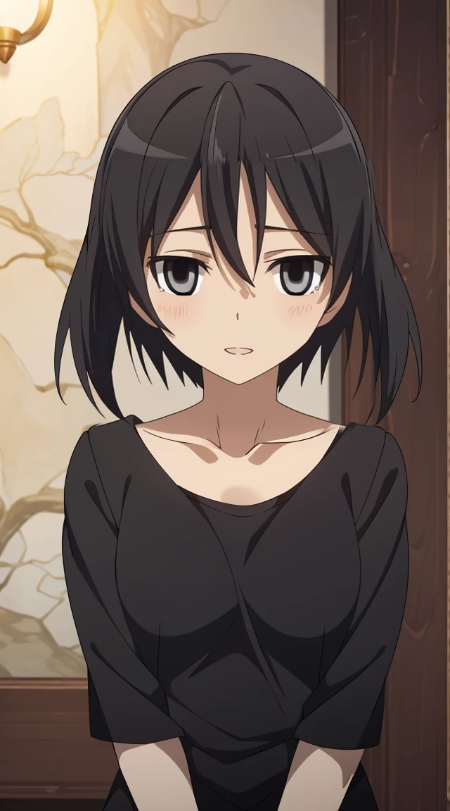 (masterpiece), best quality, expressive eyes, perfect face, kurome , black hair ,short twin ,short hair, black eyes, medium breasts, anime art style, official art, blushing, nervous, slightly head tilt, slit look away from the camera, background forest