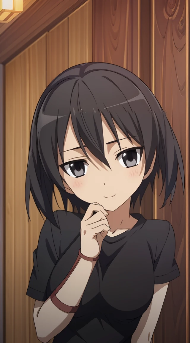 (masterpiece), best quality, expressive eyes, perfect face, kurome , black hair ,short twin ,short hair, black  eyes, ???????????????, anime art style, official art, blushing, nervous, slightly head tilt, slit look away from the camera, background forest