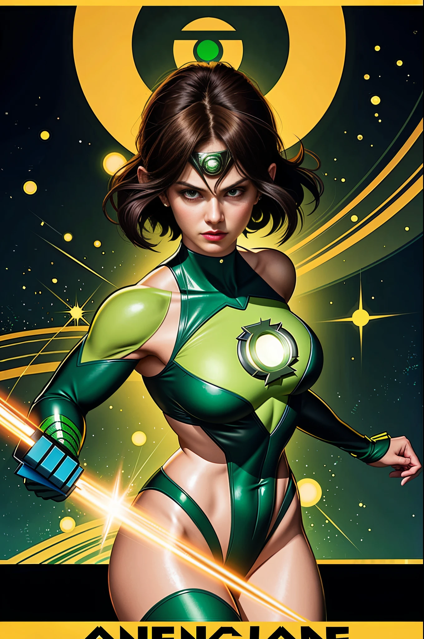 woman, short black hair, green eyes, smiling, full bodysuit, wearing a green ring, light background, medium breasts, sexy, feminine, masterpiece, crossed arms, beautiful detailed eyes, detailed face, looking at viewer, glowing, dark background, half body portrait, green lantern, quarter view, green aura, asian, detailed hands,