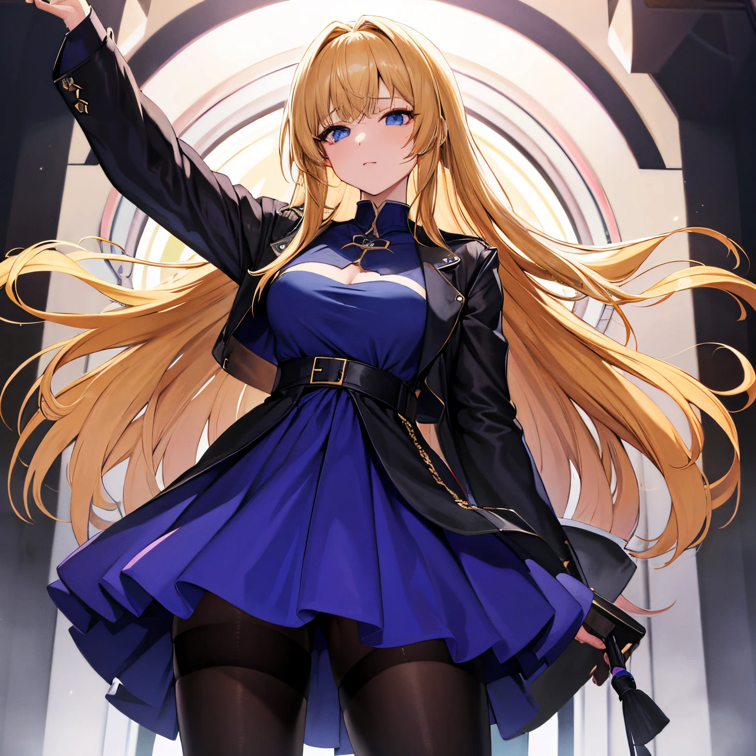 1Frau, 90s Anime, best quality, Hochwertig, blondes_Haar, Blaue_Augen, Lange Haare, Haare zwischen den Augen, long sleeves, Jacke,, Kleid, Rock, strumpfhose, rock, dunkle Klamotten