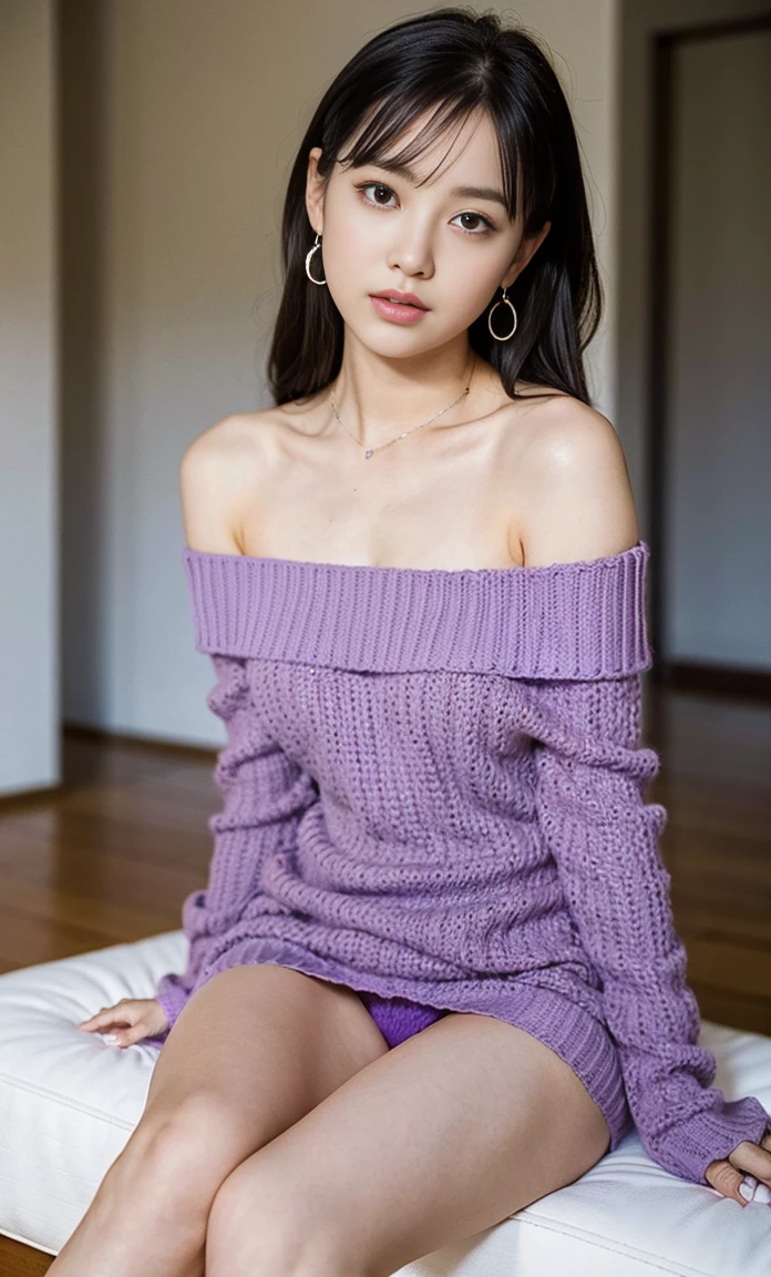 ulzzang -6500-v1.1, (Raw foto:1.2), (Photorealsitic:1.4), a beautiful detailed girl, extremely detailed eye and face, beatiful detailed eyes, Ridiculous, unbelievable Ridiculous, huge filesize, ultra-detailliert, hight resolution, ighly detailed, top-quality, masterpiece, Kemomimi, ((Purple Off-Shoulder Knit Mini Dress)), illustratio, ighly detailed, nffsw, unification, 8k wallpaper, astonishing, finely detail, masterpiece, top-quality, Highly detailed ticker uniform 8K wallpaper, face lights、Cinematographic lighting、1girl in、sixteen years old、(witheout panties)、((dynamicposes)))、(camel's toe)、(half)、、(Crooked knees and legs sitting))