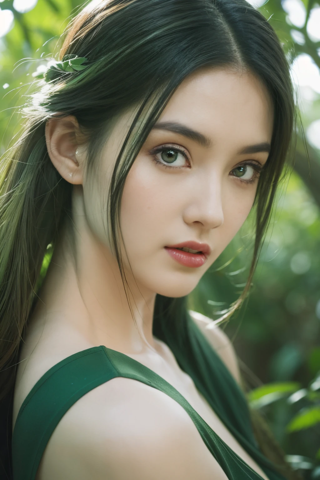 beautiful plant girl，Tree God，Green hair，With branches and leaves，Clear and refined face，（Close-up of the face），wearing leaf clothes，The background is forest，tmasterpiece，illustration