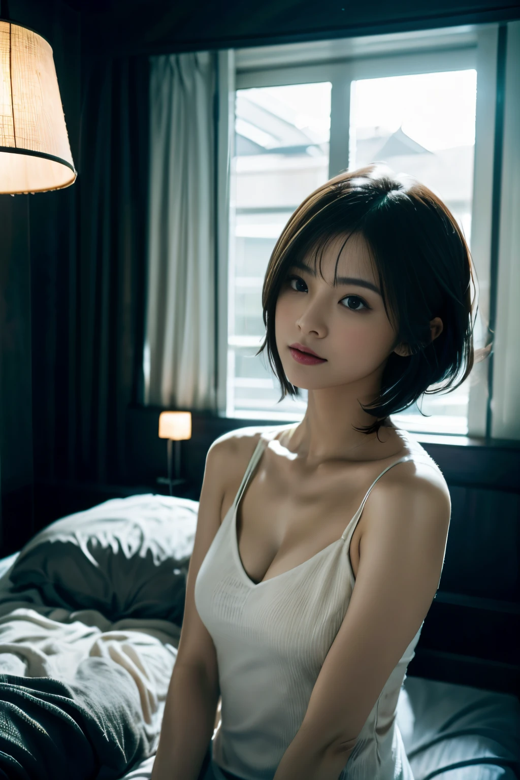 Modern room、Beautiful woman resting in a sophisticated black and white room、short-haired、Beautiful Japan actress、(realisitic、photoRealstic:1.37)