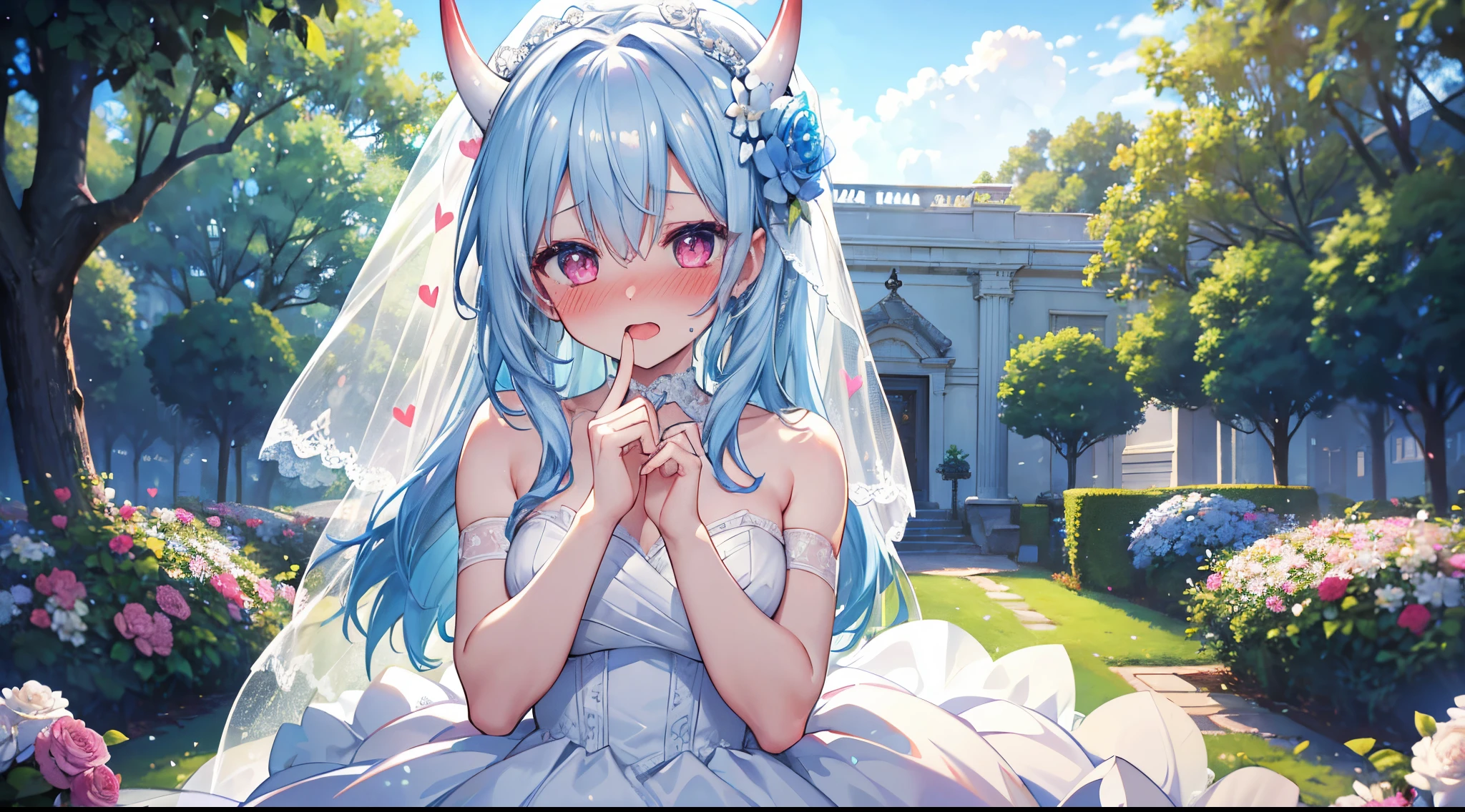 masterpieces, 8k, ultra HD, prim, white wedding dress, demon girl, (sky blue hair color), white veil, elegant pose standing in garden full of flower, hand, demon horn, glare, (blushing: 1.5), open mouth, licking finger, heart eyes, daytime, sun lighting