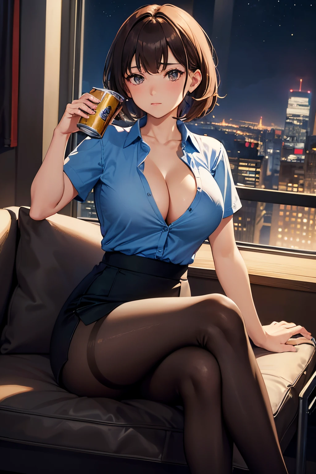 1girl, short brown hair, side swept bangs, office lady, blue shirt, shirt fully open, no bra, cleavage, large breasts, tight black pencil skirt, black tights, crossed legs, sitting on couch, holding can of beer, relaxed pose, sighing, window in background, city skyline, night time, 8k, masterpiece