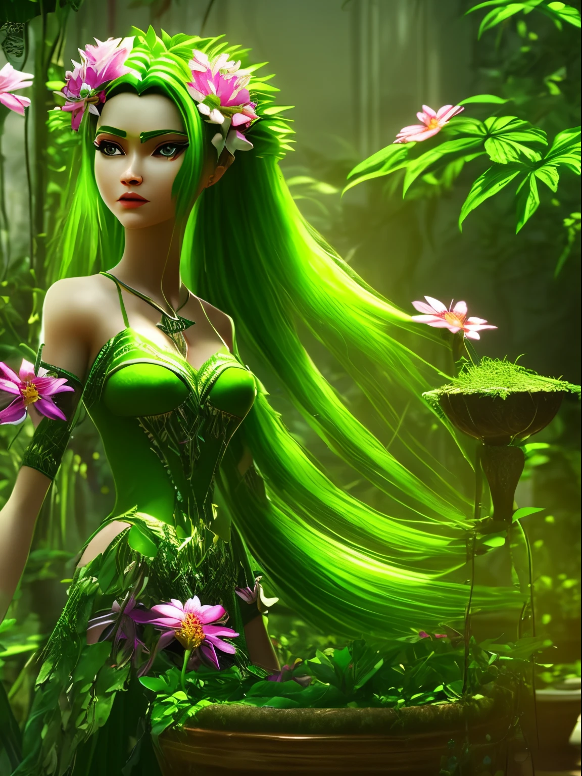 Anthropomorphic (anthropoid) a female plant came out of a flower pot in a room, anthropomorphic plant girl, beautiful green face made of stems, thin green hair-threads are disheveled and on these threads there are predatory flowers, Fantastic, Unreal, Fictional character, Cinematic Photo