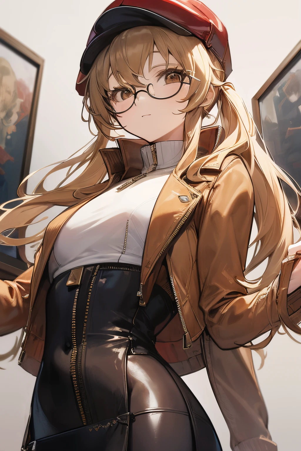 masterpiece, concept art, centered, close up shot, portrait, standing, 1girl, Melania, reverse 1999, glasses, long blonde hair, leather jacket, white sweater with zipper, black skirt, red legging, flat cap, museum background