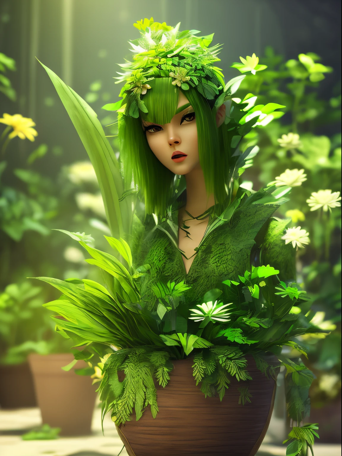 Anthropomorphic (anthropoid) a female plant came out of a flower pot in a room, anthropomorphic plant girl, beautiful green face made of stems, thin green hair-threads are disheveled and on these threads there are predatory flowers, Fantastic, Unreal, Fictional character, Cinematic Photo