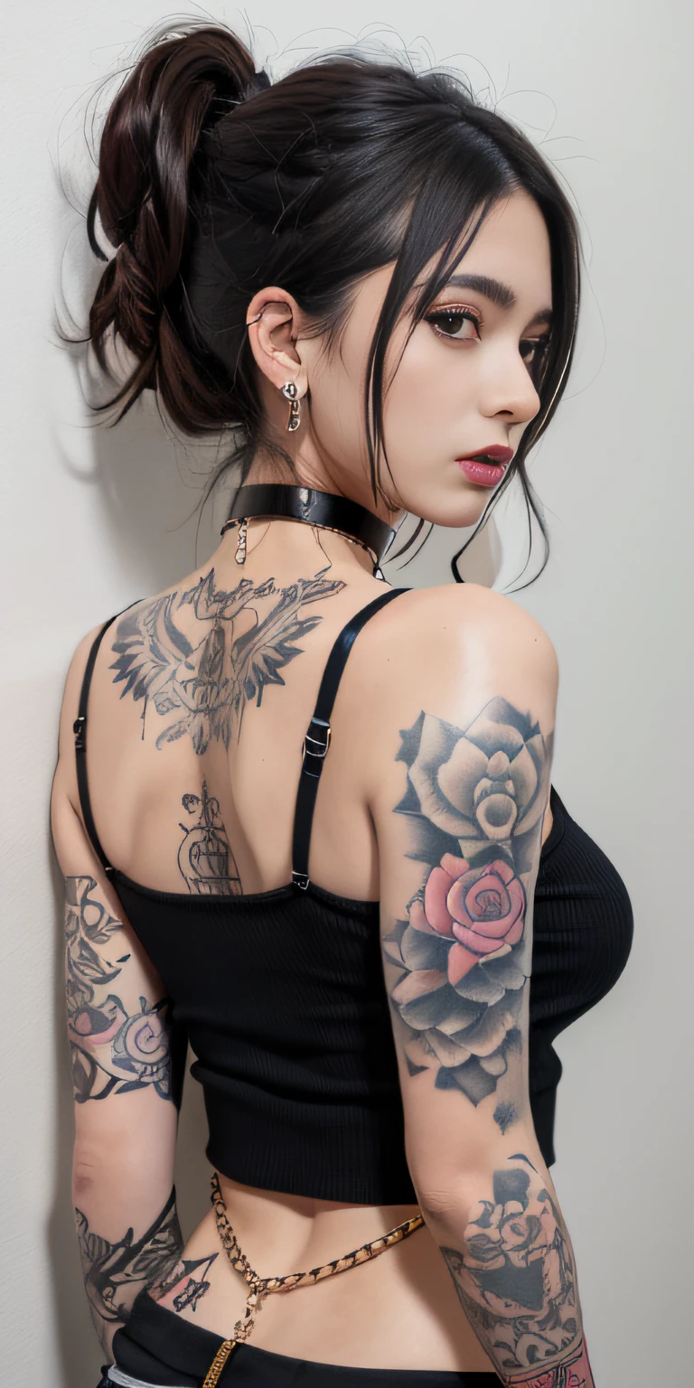 captured from behind, araffe tattooed woman with a black top and a chain around her neck, she is wearing a black tank top, looks like fabiula nascimento, malika favre, wearing intricate black choker, she is wearing streetwear, piercings collar, tattooed, style of flavie audi, neck tattoos, wearing black choker, wearing gold detailed choker