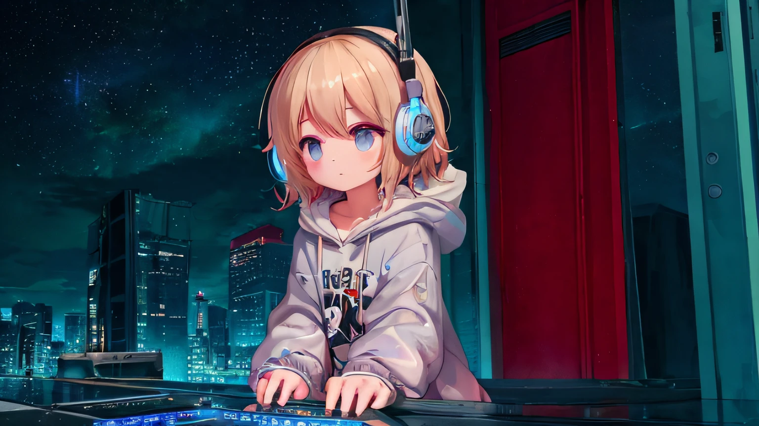 a dreamy rainy night scene with a cute girl wearing headphones, lost in the music as she gazes up at the stars.