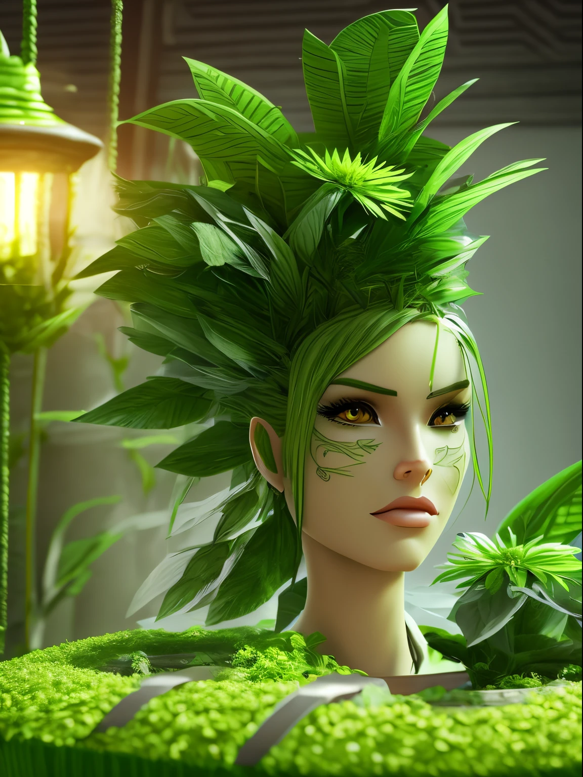 Anthropomorphic (anthropoid) a female plant came out of a flower pot in a room, anthropomorphic plant girl, beautiful green face made of stems, thin green hair-threads are disheveled and on these threads there are predatory flowers, Fantastic, Unreal, Fictional character, Cinematic Photo