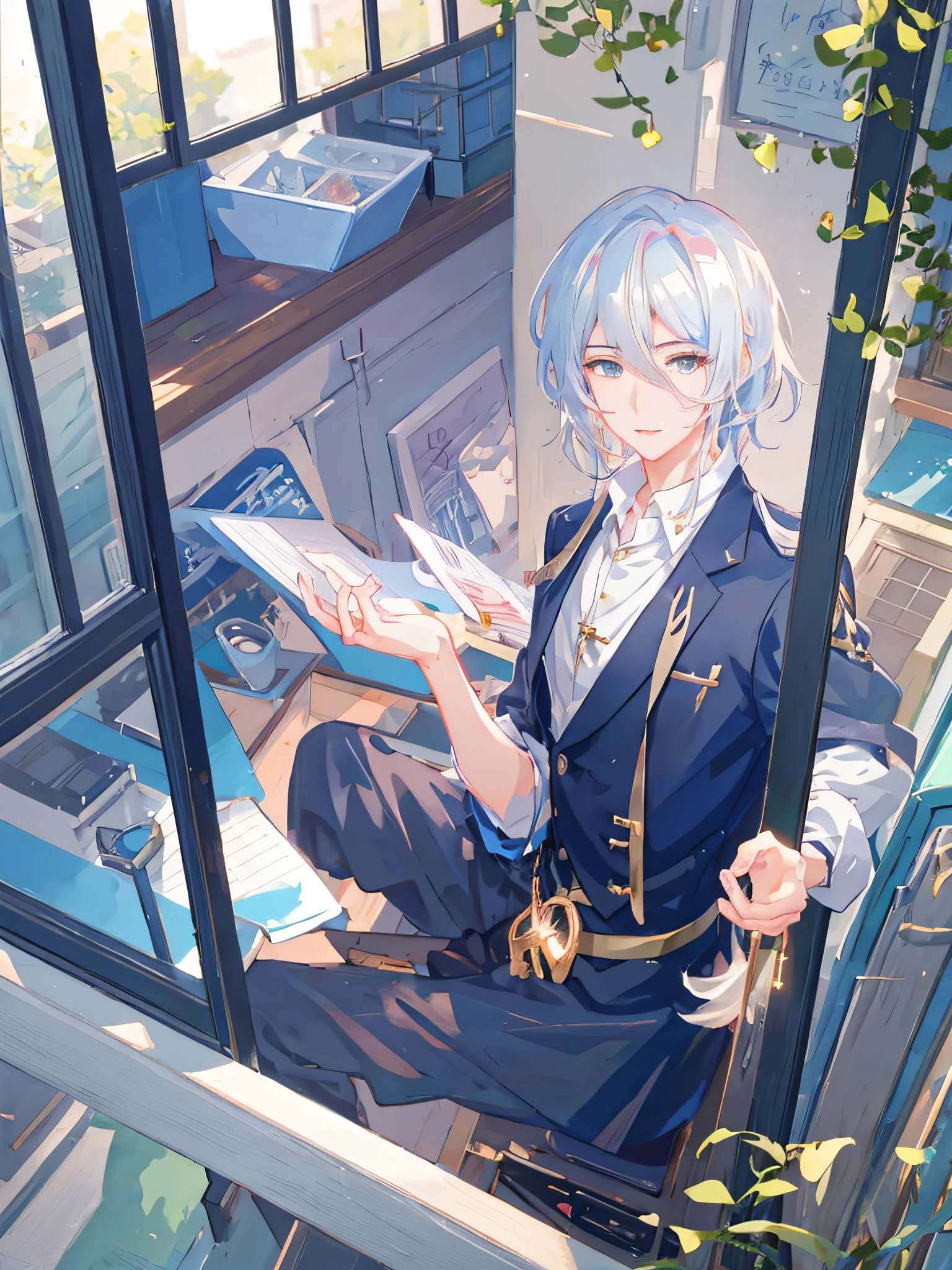 Anime boy sitting on the windowsill holding keyboard, Inspired by Bian Shoumin, handsome anime pose, praise&#39;Portrait outside the window, drawn in anime painter studio, Samu rice paste, lofi portrait, cai xukun, Lopfe art style, Key anime art, Primary animation visuals, Digital anime illustration, Guviz-style artwork, official fan art