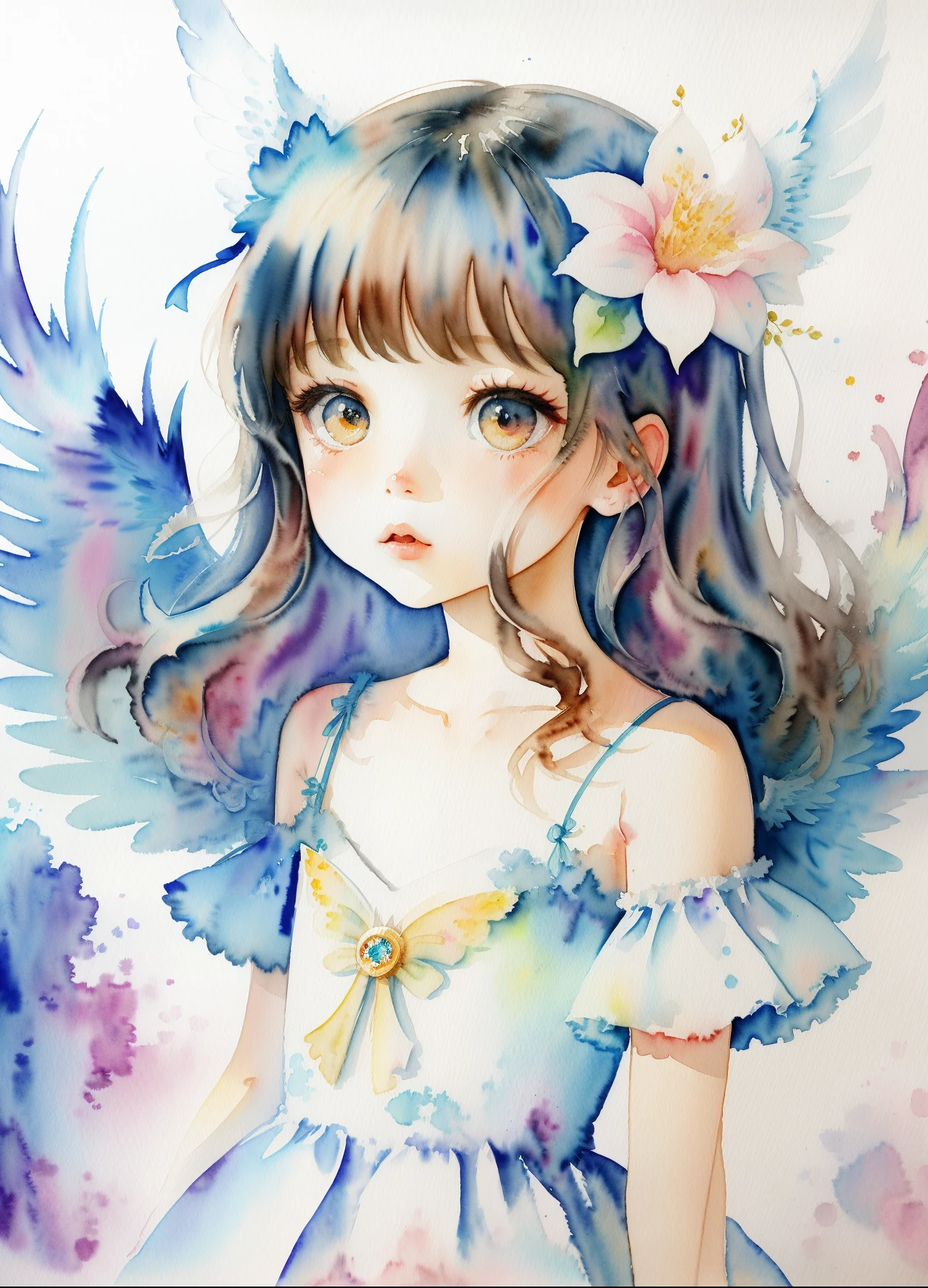 illustratio、watercolor paiting、 Fantasia、 Angel Girl、cute little、Deformed、portraitures、