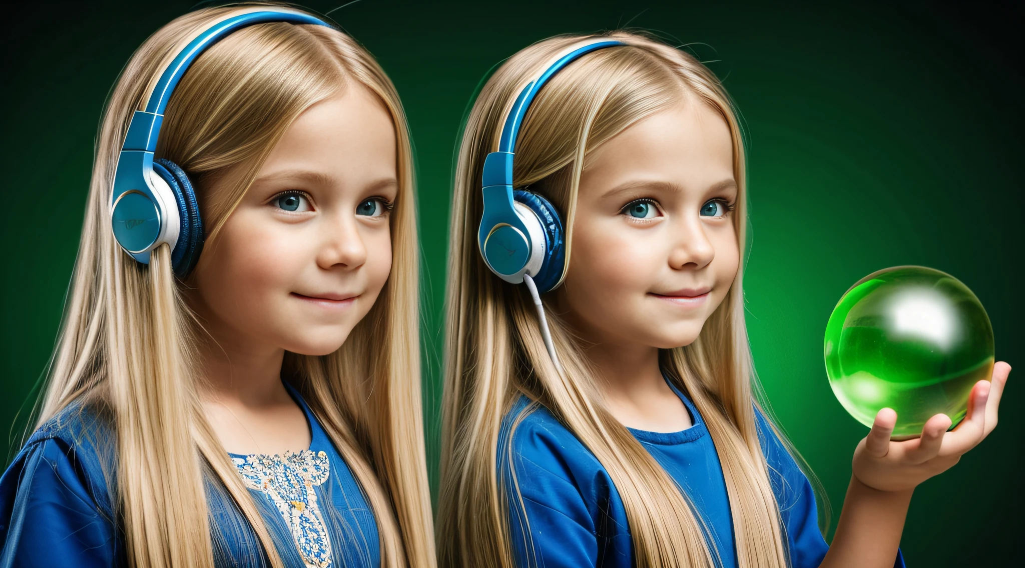 CHILD GIRL BLONDE LONG HAIR, auricular, Segurando bola de cristal, fundo verde.