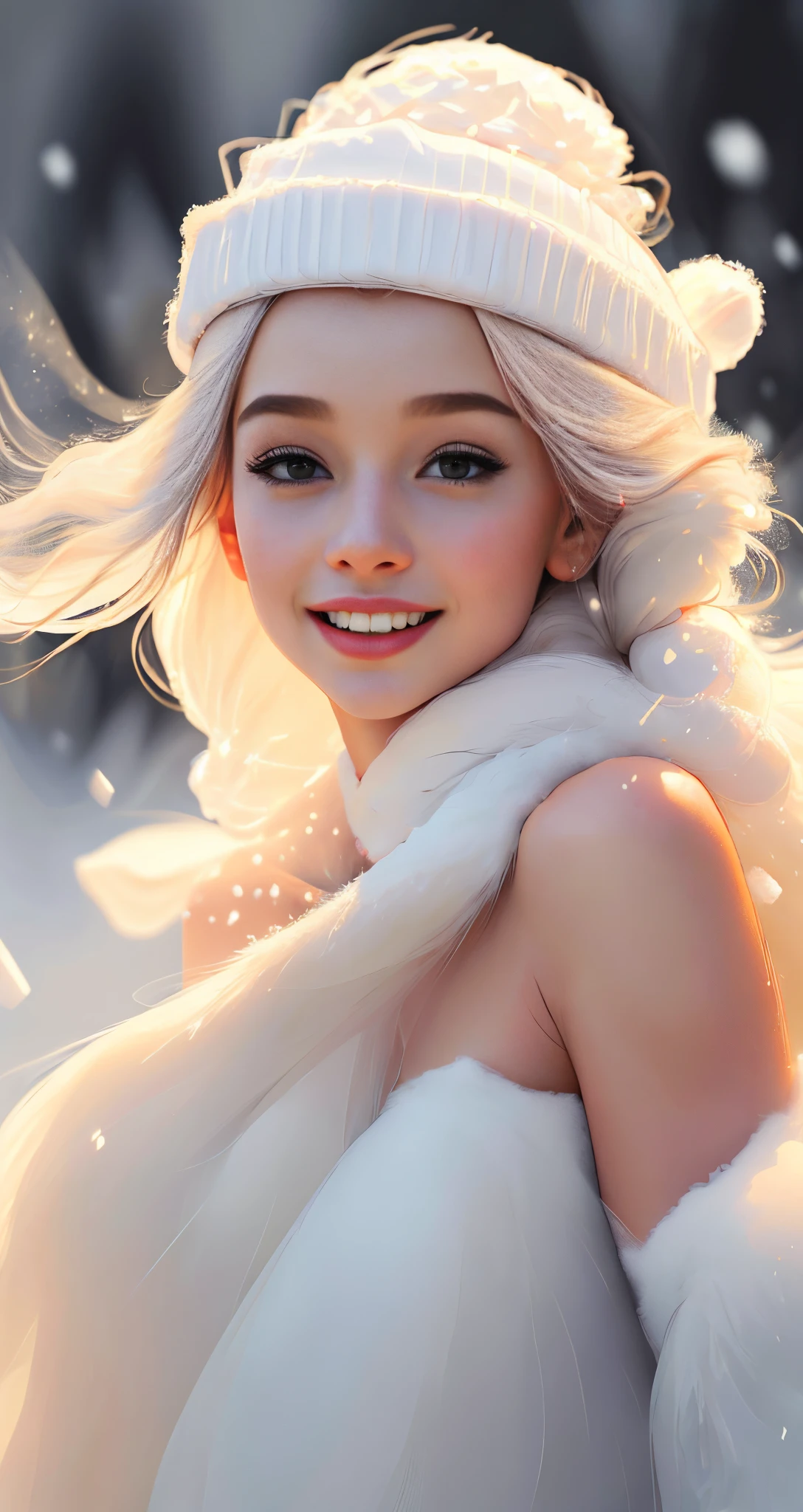 style portrait of a ((snow goddess)), (incomplete painting), white background, oil painting with visible impressionistic strokes  dynamic pose, abstract background, upper body shot, zoomed, emotionally evocative, expansive strokes, atmospheric, dynamic, dramatic, best quality, best resolution, highly realistic, ruddy skin, beautiful, full lips, smiling, feeling of lightness and joy, hyperrealism, skin very elaborated, direct gaze