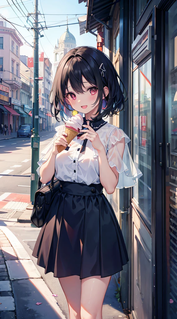 (​masterpiece)、(Top image quality)、(hight resolution)、(pretty and cute)、4K、8K、(draw in every detail)、detailed color scheme、Delicate painting、girl with、girl with、full body Esbian、A smile、Open mouth、Daytime、Soio、beautiful hand structure、illustratio、Fantasia、Short black hair、Akame、red eyes、Delicate eyes、garments、Transparency、colourfull、Inside the city、In the street、feed soft serve ice cream