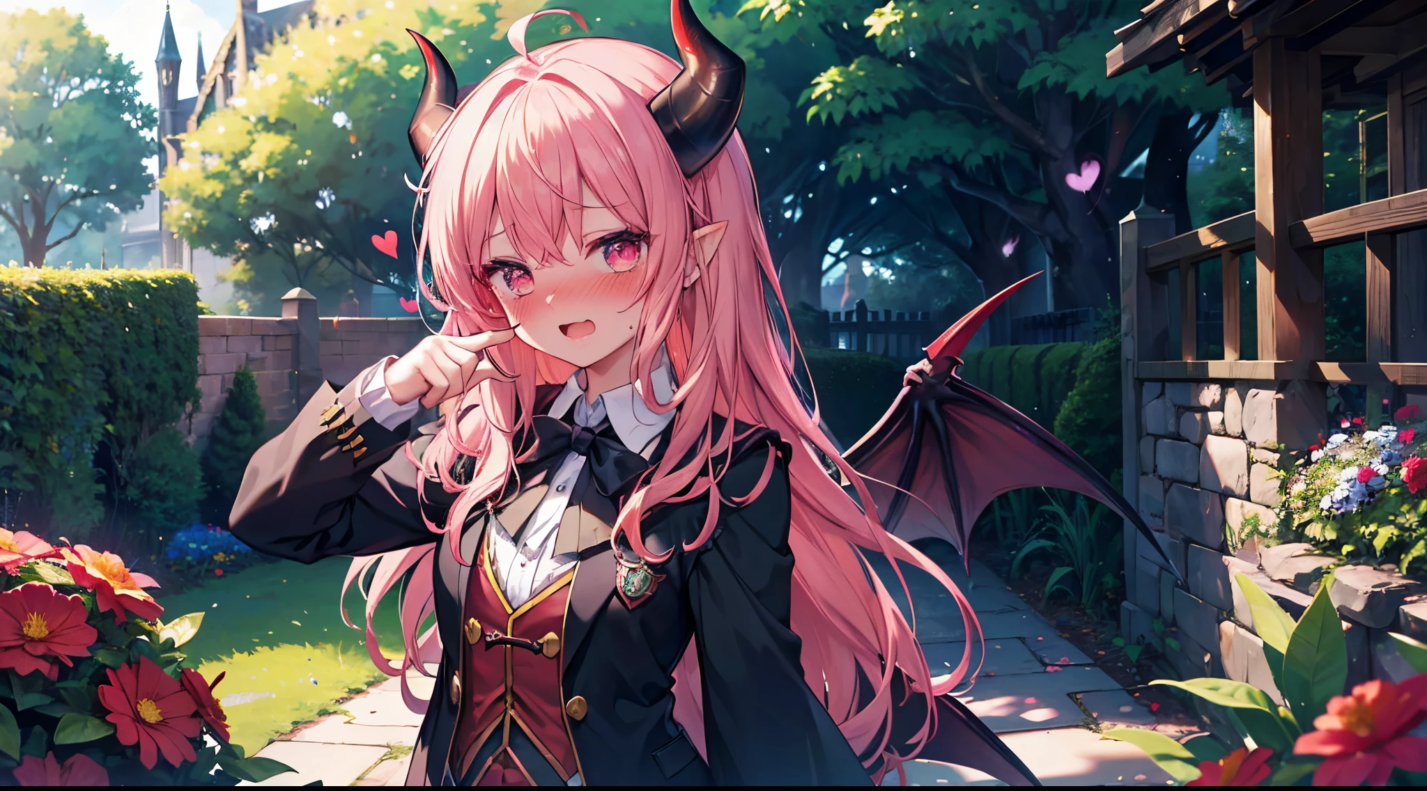 masterpieces, 8k, ultra HD, demon girl, hogwarts uniform, elegant pose in garden, hand, demon girl, demon horn, red hair, glare, (blushing: 1.5), open mouth, licking finger, heart eyes, in garden full of flower, noon time