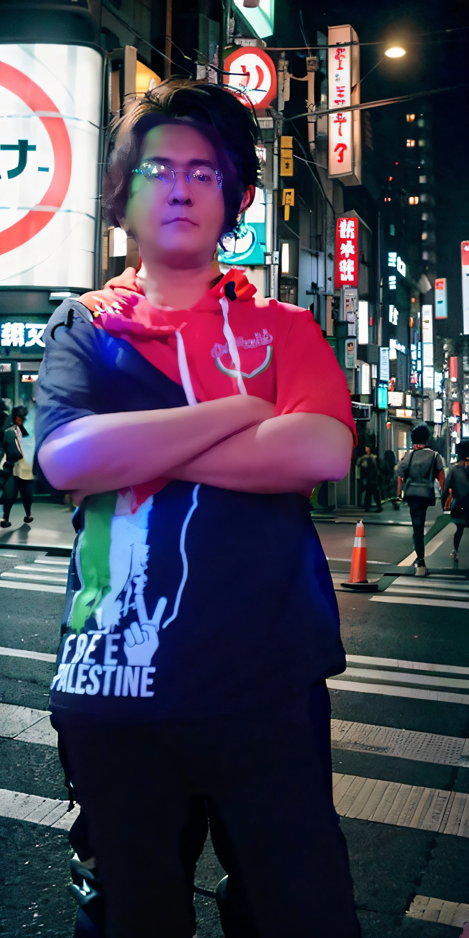 a man standing with his arms crossed in the night, in the cowrd of tokyo's street, high quality, masterpiece,