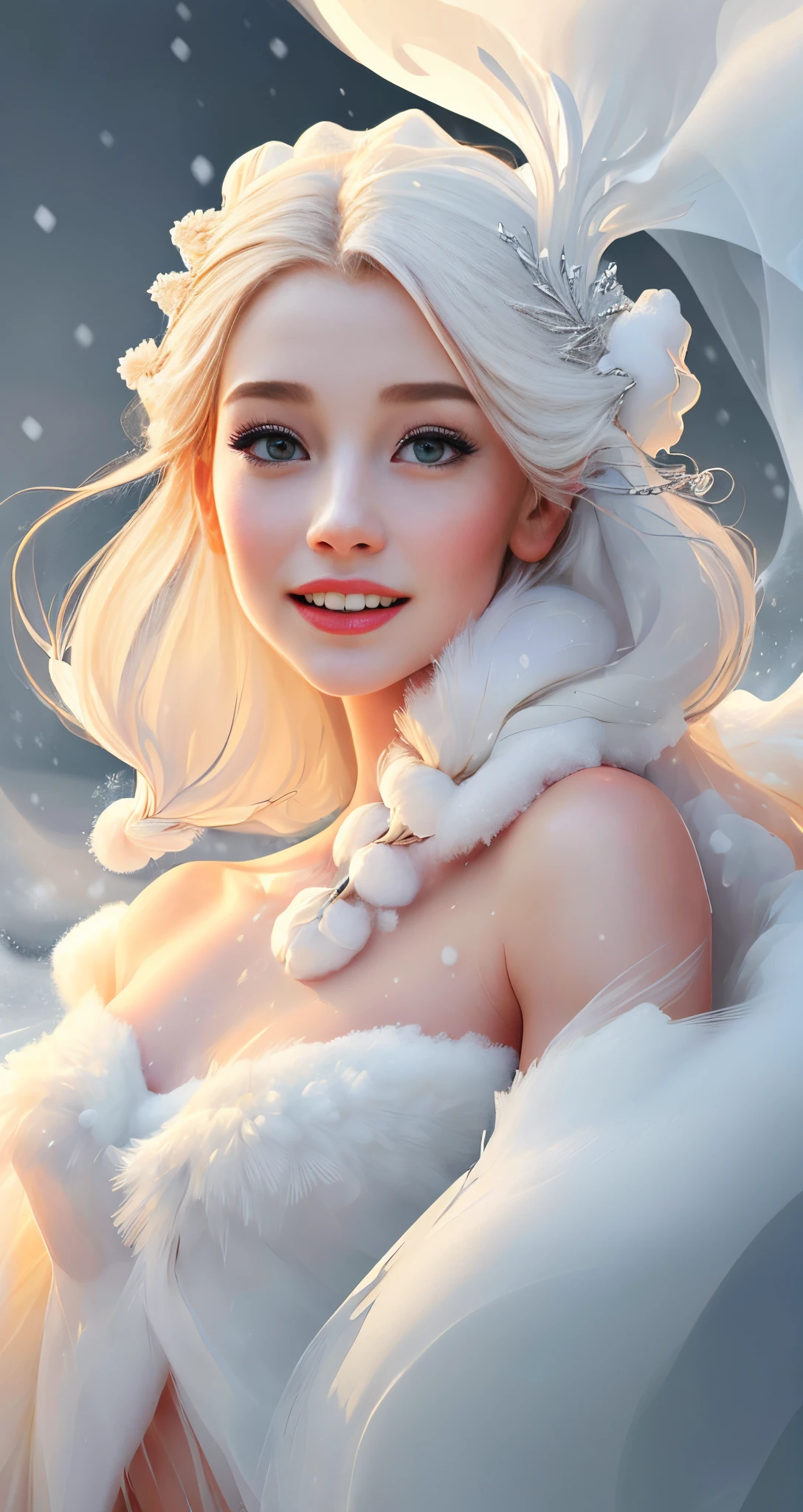 style portrait of a ((snow goddess)), (incomplete painting), white background, oil painting with visible impressionistic strokes dynamic pose, abstract background, upper body shot, zoomed, emotionally evocative, expansive strokes, atmospheric, dynamic, dramatic, best quality, best resolution, highly realistic, ruddy skin, beautiful, full lips, smiling, feeling of lightness and joy, hyperrealism, skin very elaborated, direct gaze