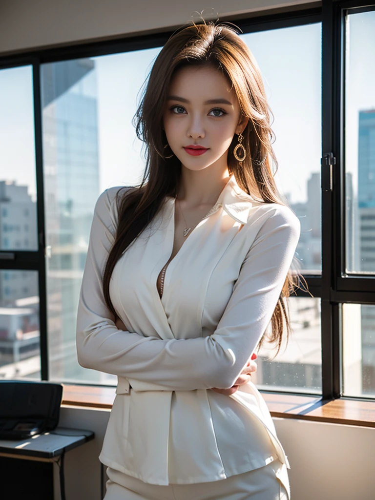 tmasterpiece,Highest image quality,super detailing,rnsexy smile,amazing face and eyes, cosmetics, (extremely detailed beautiful face), (The sexiest look), Snow-white breasts,Naked of breast,(Best quality:1.4), (ultra - detailed), (extremely detaild的 CG unified 8k wallpapers), The content is very detailed, RAW photos, professional photoshooting, ((buisness suit)), (Open business shirt), Indoor and below, (Office room, Dark Night Classroom,), (nigh sky), depth of fields,face flushed,raised eyebrow,Very shy,blond hair blue eyes,Ruddy complexion,looking at viewert,Dreamcatcher earrings,epic,concept-art,Sexy female secretary,
