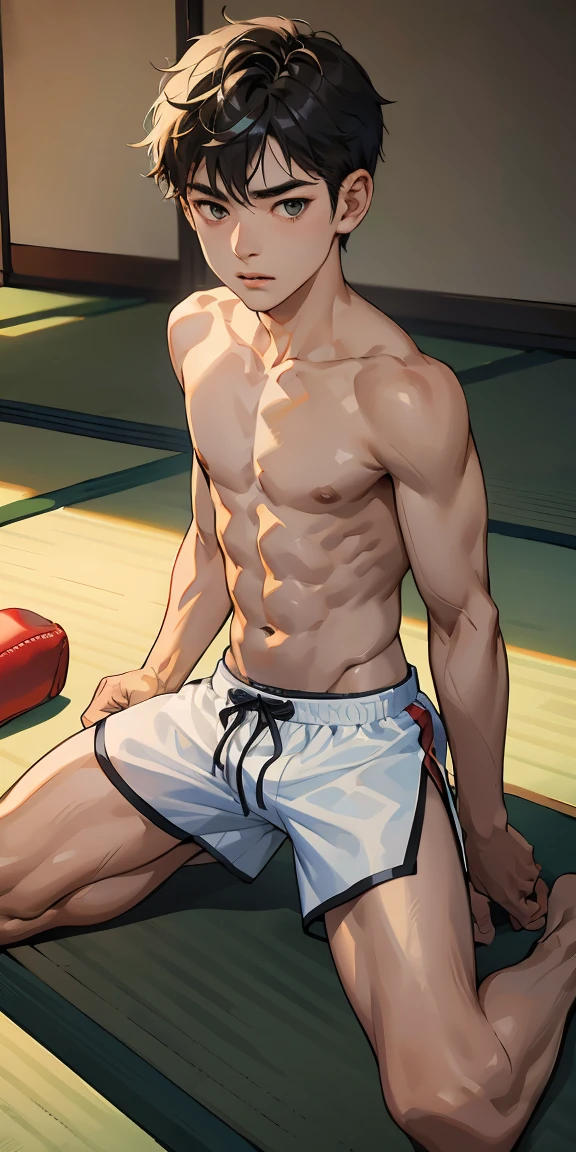 (masterpiece, Best Quality),The whole body of boy, boy, sit on tatami, Muay thai, tiny shorts, white shiny shorts, bulge, topless