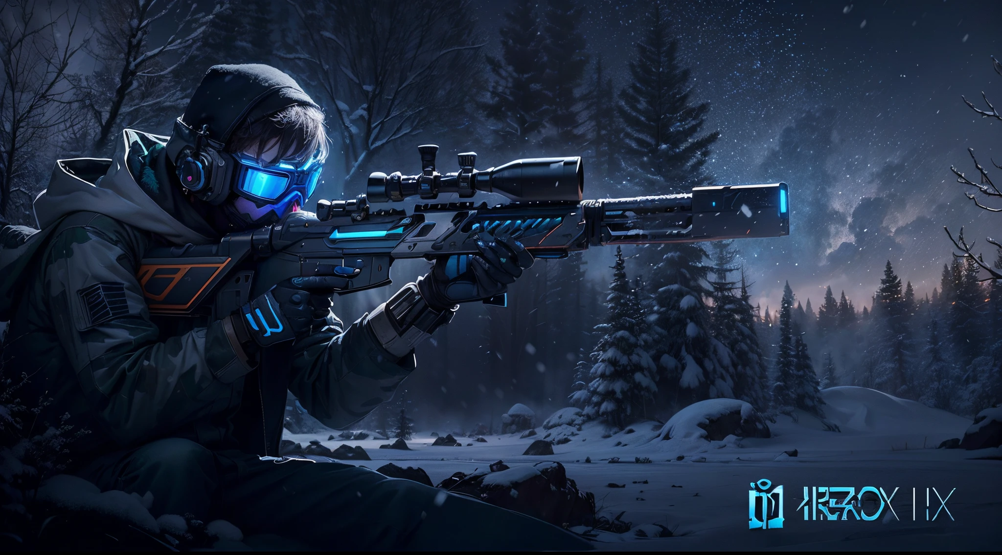 (pixar-style: 1.5),(fully body photo),cyber punk personage,middle,(A futuristic sci-fi soldier wearing a white camouflage uniform lies on his side in the snow,Holding a high-tech sniper rifle to aim at the target,Sniper rifle made of vibranium,Luxurious texture,blanketed in a mantle of snow,White hood,masks,White camouflage uniform,Blue glowing goggles,masks),Oyuki,at a forest,snow field,(globalillumination、ray traycing、HighDynamicRange、Unrealistic rendering、Rational design、tmasterpiece、Best quality、hyper HD、电影灯光)