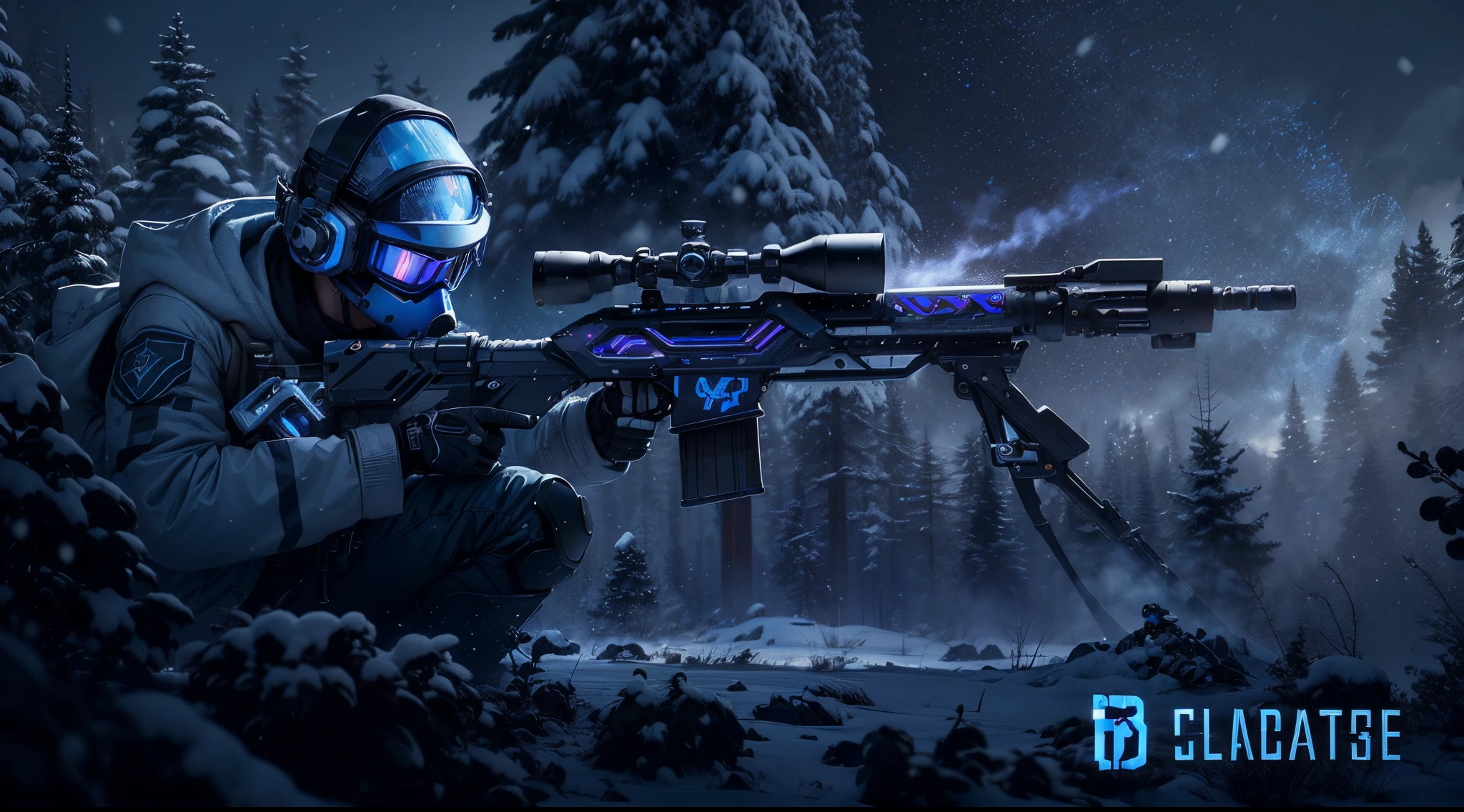 (pixar-style: 1.5)，（fully body photo），cyber punk personage，middle，(A futuristic sci-fi soldier wearing a white camouflage uniform lies on his side in the snow，Holding a high-tech sniper rifle to aim at the target，Sniper rifle made of vibranium，Luxurious texture，blanketed in a mantle of snow，White hood，masks，White camouflage uniform，Blue glowing goggles，masks），Oyuki，at a forest，snow field，（globalillumination、ray traycing、HighDynamicRange、Unrealistic rendering、Rational design、tmasterpiece、Best quality、hyper HD、电影灯光）