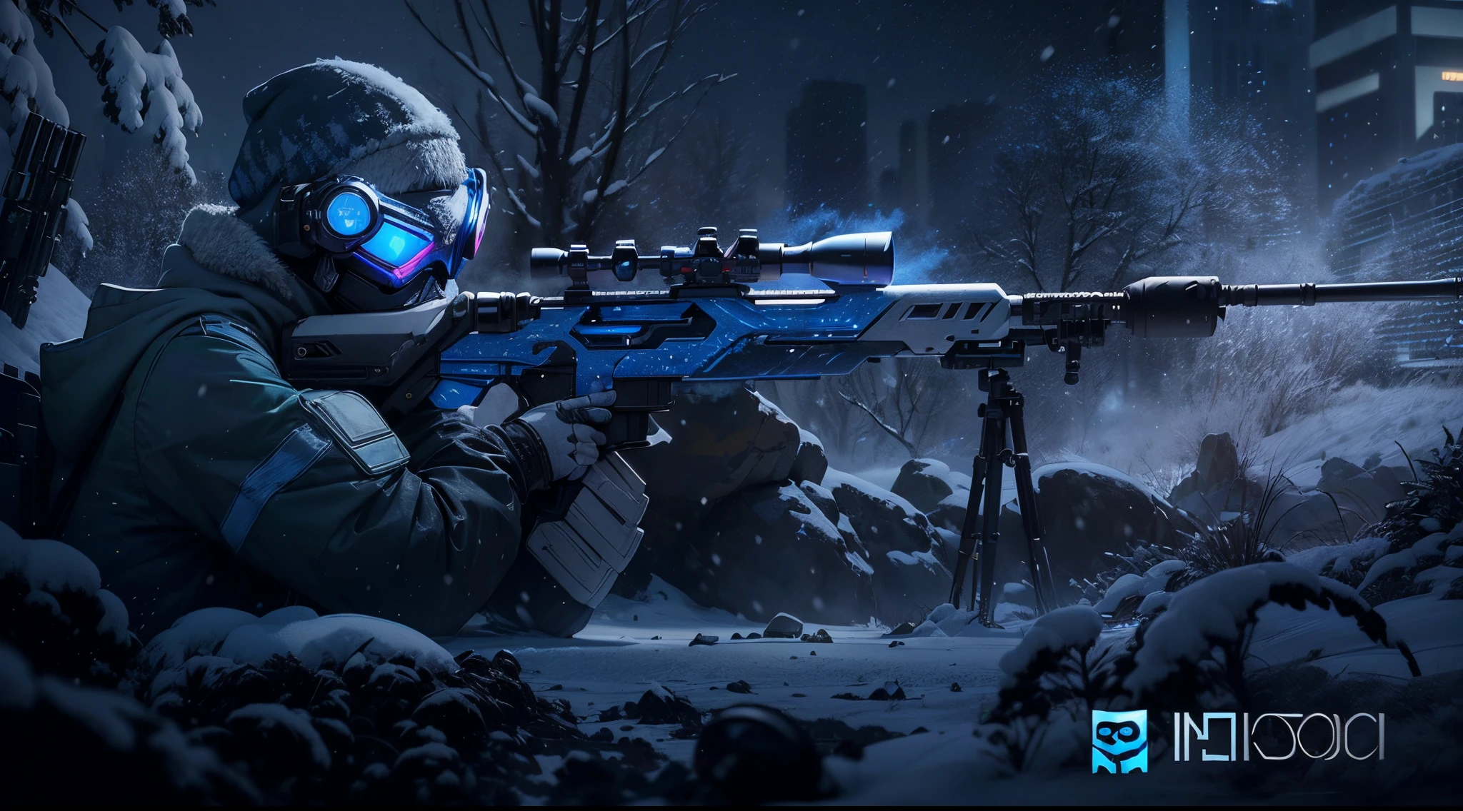 (pixar-style: 1.5),(fully body photo),cyber punk personage,middle,(A futuristic sci-fi soldier wearing a white camouflage uniform lies on his side in the snow,Holding a high-tech sniper rifle to aim at the target,Sniper rifle made of vibranium,Luxurious texture,blanketed in a mantle of snow,White hood,masks,White camouflage uniform,Blue glowing goggles,masks),Oyuki,at a forest,snow field,(globalillumination、ray traycing、HighDynamicRange、Unrealistic rendering、Rational design、tmasterpiece、Best quality、hyper HD、电影灯光)